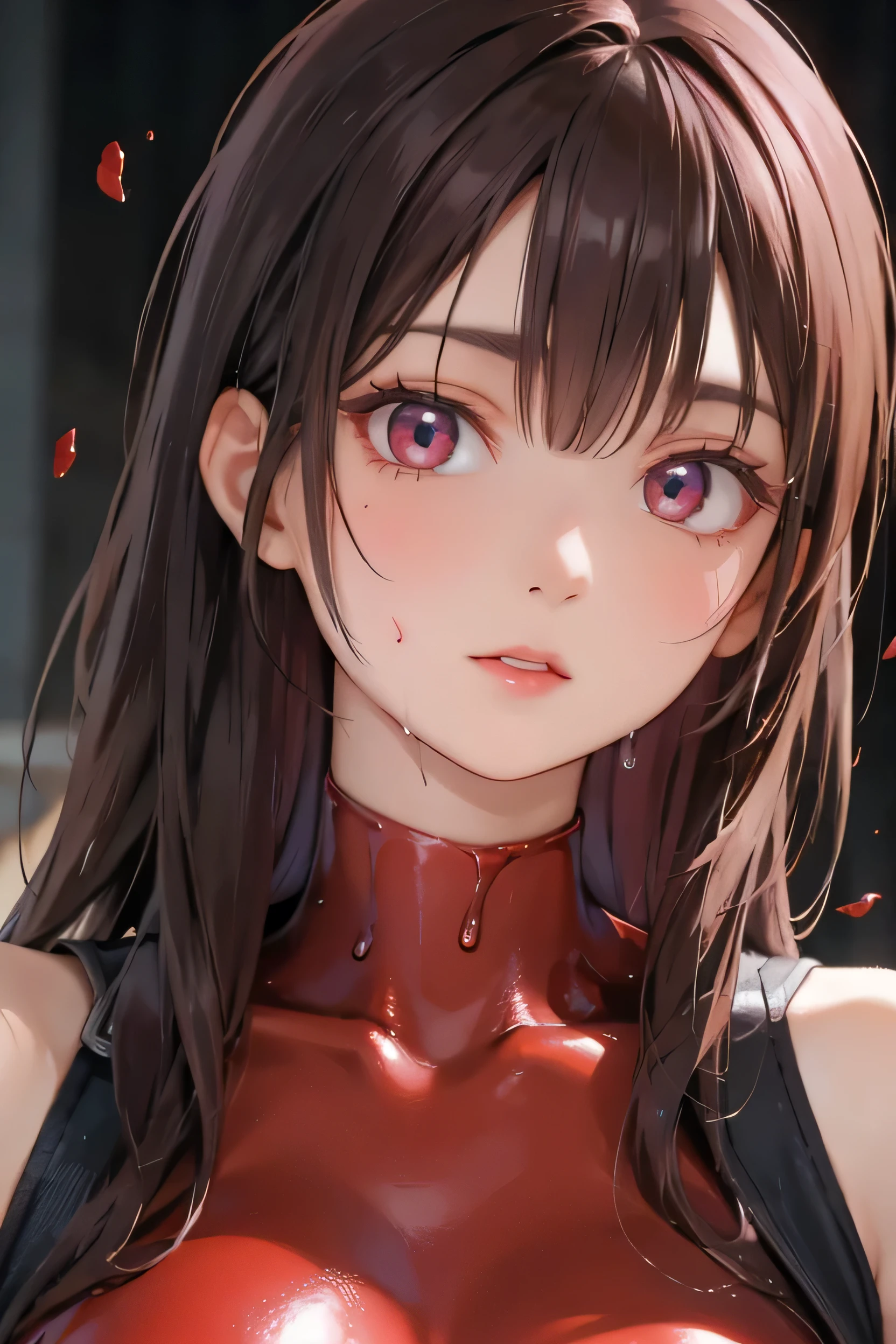 (Masterpiece、highest quality: 1.4)、(8k、Raw photo、Photorealistic: 1.2)、Shiny skin、Detailed skin、(Red skin: 1.3)、Detailed face、Detailed eyes、1 girl、looking at the camera、Japanese Idols、Very beautiful face、LiquidHair、Liquid Hair、Floating crimson mucus、Slime girl covered in crimson slime、(A transparent)、(Wet)、(Crimson Sweat)、Slimy crimson liquid dripping from the body。Her hair is also covered in crimson slime.。Splattering crimson slime、Crimson Hair、Crimson Eyes