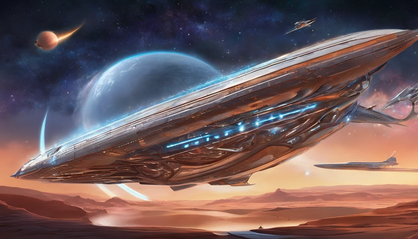 A fantastical (((futuristic colossal starship))) with an innovative design, combining elements of the iconic 1957 Chevrolet Bel Air, the sleek Millennium Falcon, and the luxurious 1924 Deusenberg Roadster. At a massive 108 feet in length, it soars gracefully past a breathtaking gas giant surrounded by 12 enchanting moons, with a backdrop of a mesmerizing starry sky. Its two enormous (((nacelles))), rotating 45° above the ship, emit dazzling light from their centers, while the ((bulbous)), closed figure 8 base stretching 24' high, 144' long, and 96' wide, at a 75° angle from the main body, recalls the elegance of a vintage ocean liner. The secondary bridge, painted in a glowing steel pomegranate hue, sits below the base, measuring 96 feet long, 36 feet high, and 72' wide, with a muscular silhouette like a steamship