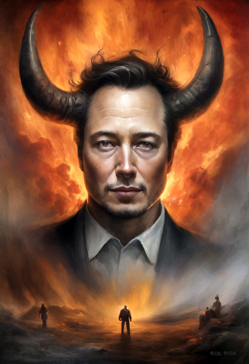 Realistic 8K oil painting of people suffering in hell's wells, In the middle of the image Elon Musk with horns on his head, Obra de arte inspirada no Inferno de Dante