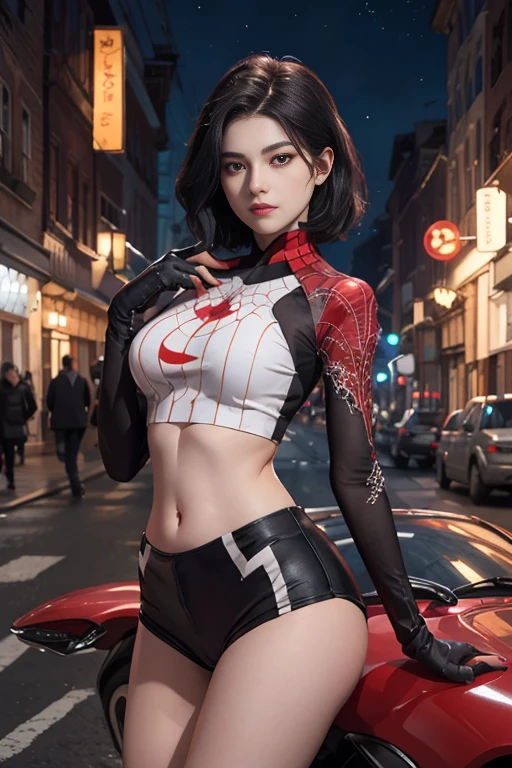 (Highly quality, masterpiece, detailed), Night city detailed scenario, night city detailed background, 20 years old girl, black hair, 1girl, CindyMoon, cindymoon, short hair, Black top, white top, black botton, white bottom, long bottom, spider web print, Crop top, Long Sleeves, Gloves, red finger gloves Abdomen, Expressionless, Navel, beautiful eyes, perfect eyes, looking at the viewer, Sexy pose