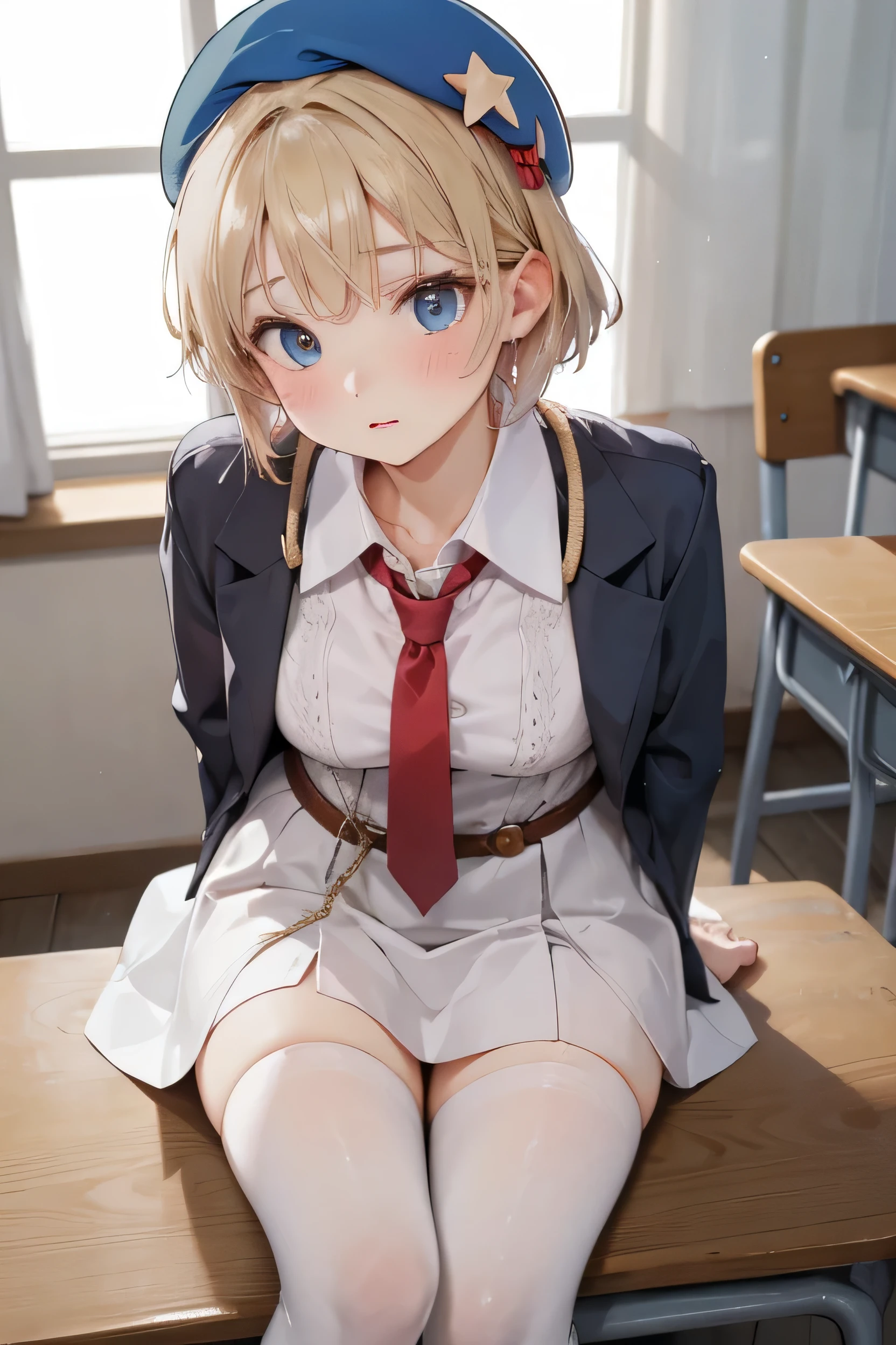 Girl sitting at desk、School、classroom、Leg spread、White Pants、transformation、Super detailed、(beret:1.8)、(Iwanaga Dress:1.2)、(Kotoko Iwanaga:0.9)、Kotoko Iwanaga、Beautiful body、Beautiful Face、Good anatomy、White Stockings、White panties、Blonde、short hair、Embarrassed look、blush、hands covering mouth、Looking away、BDSM、Tie up your hands、rope、Tie up hands with rope、Constraints、Tie up、Tie up your hands、Tie up your wrists、Rope on wrist, Wrists together, Bondage, Suspended, rope, Tie up your wrists, Tie up your hands, Tie up your feet, Constrained body, bdsm fetish, Put your arms behind your back, Tie up your arms behind your back