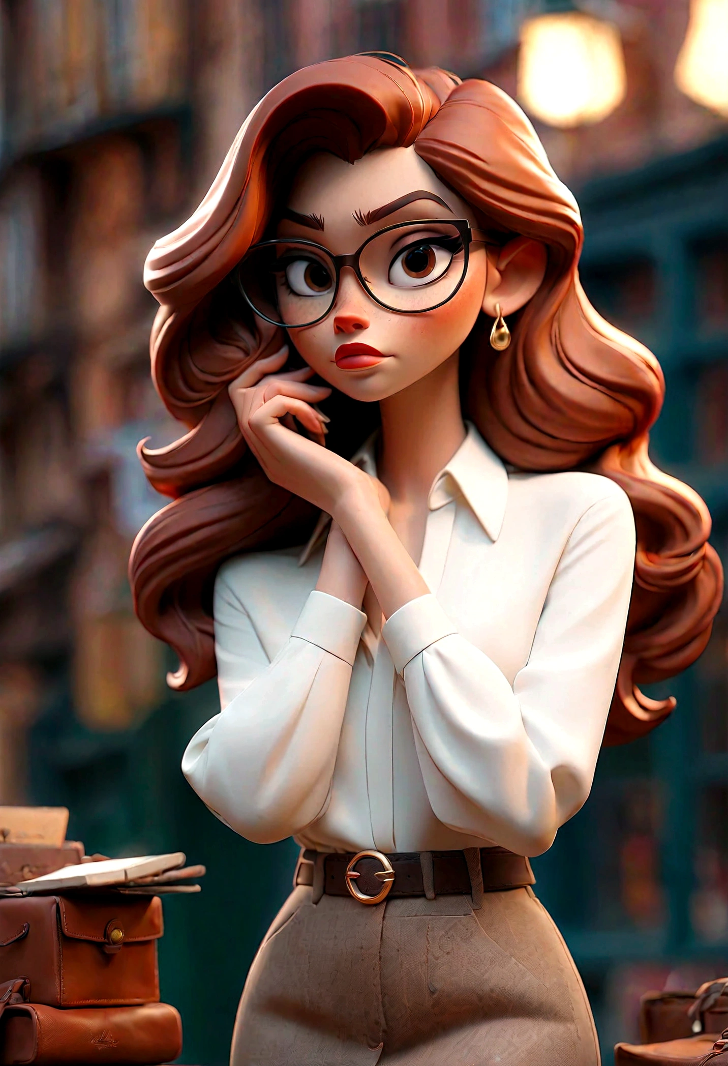 creates a 28 year old girl, long copper brown hair, cara ovalada, brunette with italian, con lentes, ojos marrones, carismatica, amable, fashion designer, , en taller de costura, fotos tomadas con camara de tres lentes de iPhone 14pro max, con luz natural y sombras, foto realista Mensaje: {A digital illustration of a clothing store environment,casual and comfortable with mimi pink colors, pardo rojizo, azul oxford, detalles en mimi rosa, pardo rojizo, azul oxford} que presenta a {a la mujer vista desde el frente}. El entorno incluye {un acogedor salon de ropa} con {muebles blancos}, {pastel decoration} y {paredes en tonos claros}. La mujer {lleva una camisa color blanco sin estampado, a white cup of coffee with a white notebook without prints} and the scene is illuminated by a {luz ambiental suave} que resalta {los acentos suaves}.