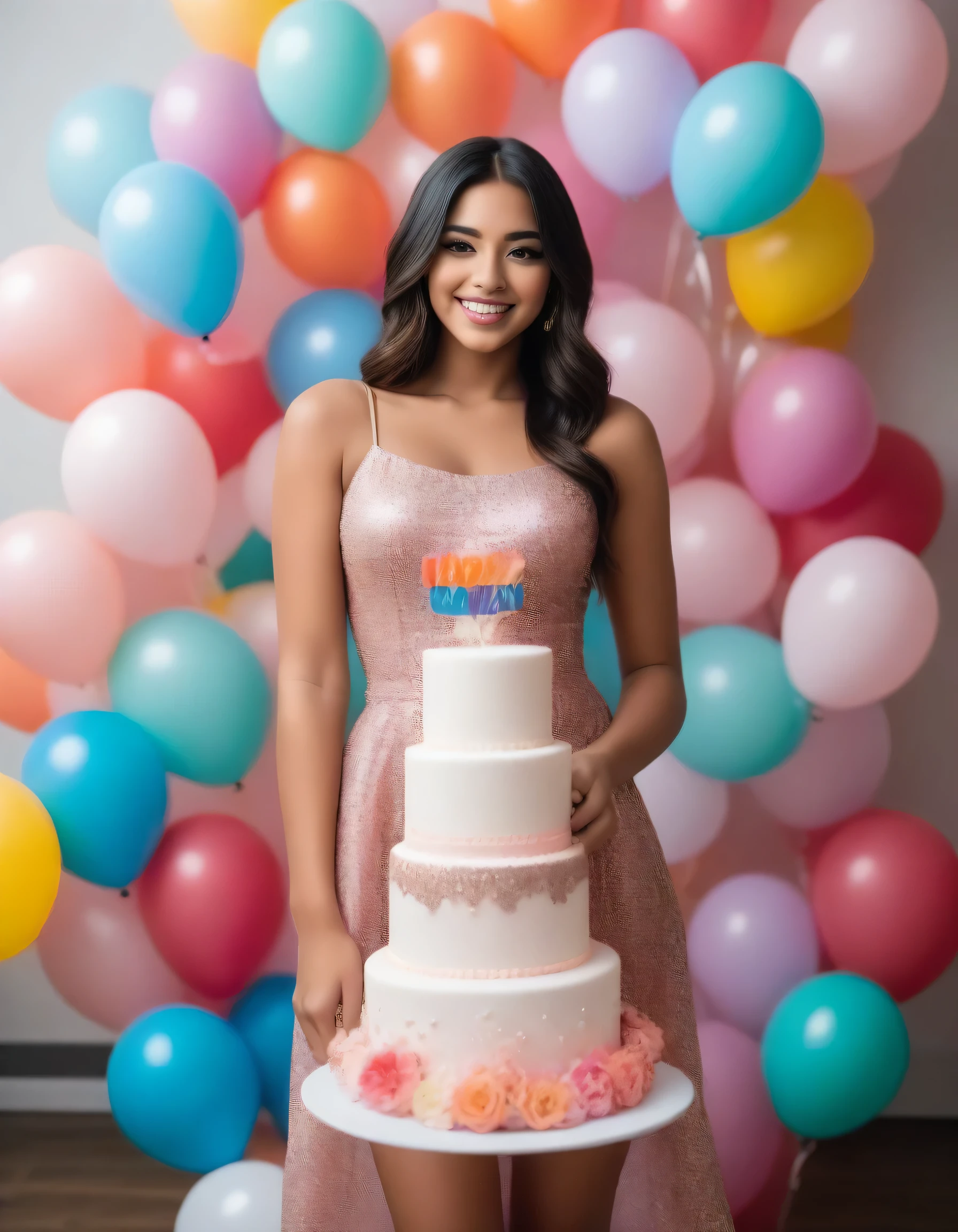 A birthday photoshoot of a beautiful young woman posing while holding balloons. She is wearing a fitted dress that accentuates her figure. The setting is festive, with many colorful balloons, a decorated cake, and an abundance of flowers. The atmosphere is joyful and celebratory. The lighting is soft and flattering, highlighting her features and the cheerful scene. She stands confidently, smiling, with a background that suggests a lively party.