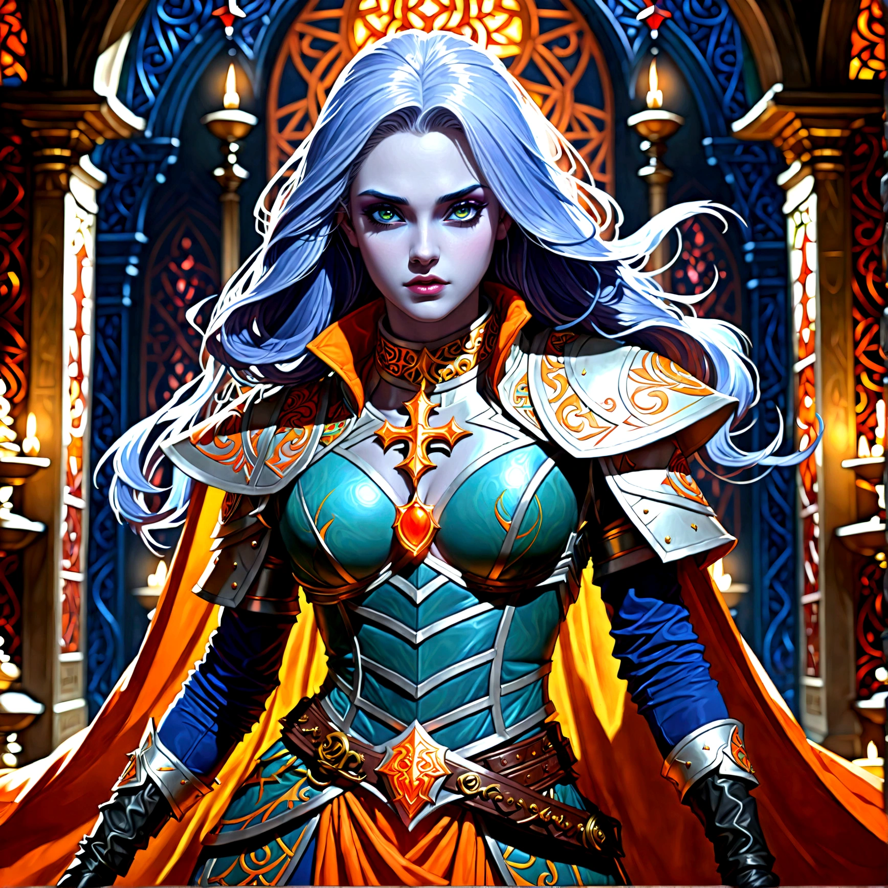 fantasy art, dnd art, RPG art, wide shot, (masterpiece: 1.4) a (portrait: 1.3) intense details, highly detailed, photorealistic, best quality, highres, portrait a female (fantasy art, Masterpiece, best quality: 1.3) ((blue skin: 1.5)), intense details facial details, exquisite beauty, (fantasy art, Masterpiece, best quality) cleric, (blue skinned: 1.3) female, white hair, long hair, (((no ears: 1.5))), (green eyes: 1.3), armed with a fiery sword red fire, wearing (twilight priestly combat vestments: 1.5), wearing high heeled laced boots, wearing an (orange cloak:1.3), wearing glowing holy symbol GlowingRunes_yellow, within fantasy temple background, reflection light, high details, best quality, 16k, [ultra detailed], masterpiece, best quality, (extremely detailed), close up, ultra wide shot, photorealistic, RAW, fantasy art, dnd art, fantasy art, realistic art,((best quality)), ((masterpiece)), (detailed), perfect face, Cinematic Hollywood Film style