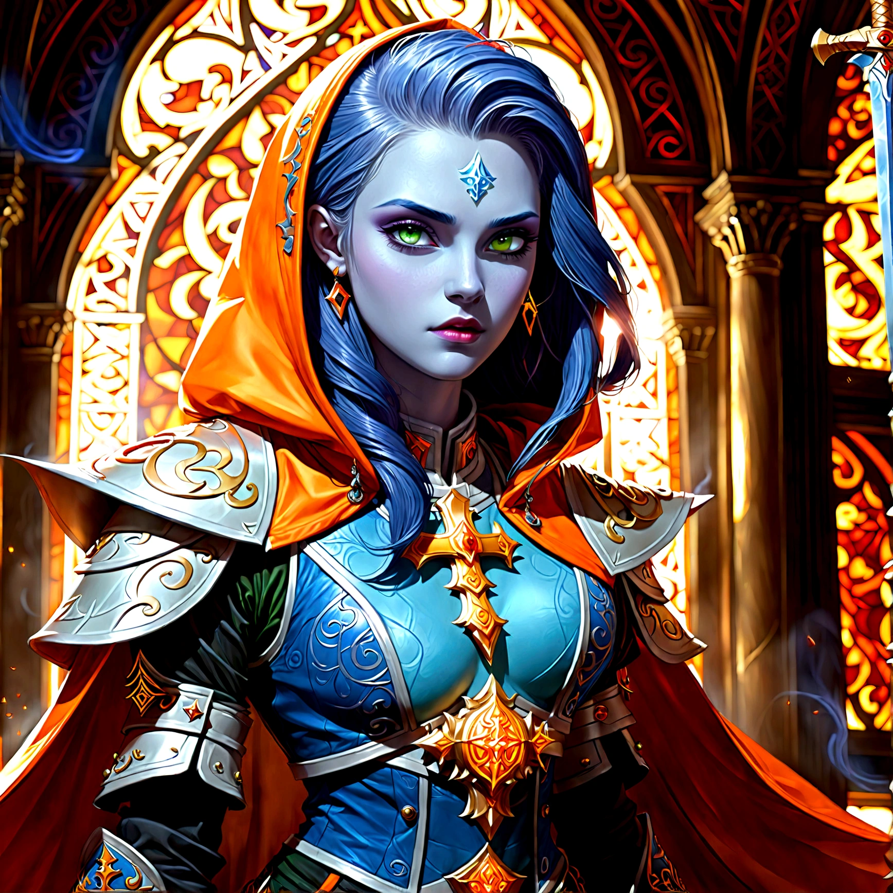 fantasy art, dnd art, RPG art, wide shot, (masterpiece: 1.4) a (portrait: 1.3) intense details, highly detailed, photorealistic, best quality, highres, portrait a female (fantasy art, Masterpiece, best quality: 1.3) ((blue skin: 1.5)), intense details facial details, exquisite beauty, (fantasy art, Masterpiece, best quality) cleric, (blue skinned: 1.3) female, white hair, long hair, (((no ears: 1.5))), (green eyes: 1.3), armed with a fiery sword red fire, wearing (twilight priestly combat vestments: 1.5), wearing high heeled laced boots, wearing an (orange cloak:1.3), wearing glowing holy symbol GlowingRunes_yellow, within fantasy temple background, reflection light, high details, best quality, 16k, [ultra detailed], masterpiece, best quality, (extremely detailed), close up, ultra wide shot, photorealistic, RAW, fantasy art, dnd art, fantasy art, realistic art,((best quality)), ((masterpiece)), (detailed), perfect face, Cinematic Hollywood Film style