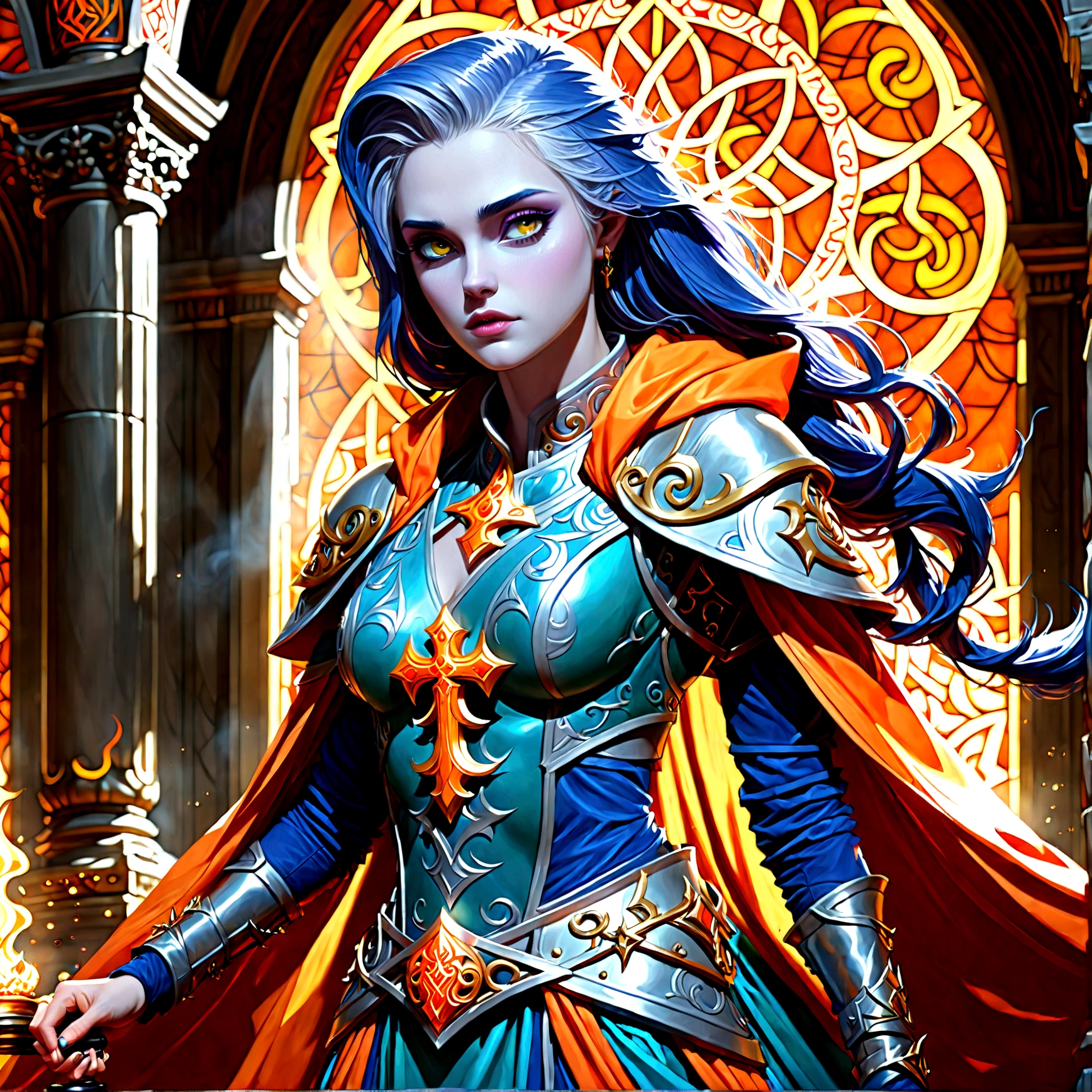fantasy art, dnd art, RPG art, wide shot, (masterpiece: 1.4) a (portrait: 1.3) intense details, highly detailed, photorealistic, best quality, highres, portrait a female (fantasy art, Masterpiece, best quality: 1.3) ((blue skin: 1.5)), intense details facial details, exquisite beauty, (fantasy art, Masterpiece, best quality) cleric, (blue skinned: 1.3) female, white hair, long hair, (((no ears: 1.5))), (green eyes: 1.3), armed with a fiery sword red fire, wearing (twilight priestly combat vestments: 1.5), wearing high heeled laced boots, wearing an (orange cloak:1.3), wearing glowing holy symbol GlowingRunes_yellow, within fantasy temple background, reflection light, high details, best quality, 16k, [ultra detailed], masterpiece, best quality, (extremely detailed), close up, ultra wide shot, photorealistic, RAW, fantasy art, dnd art, fantasy art, realistic art,((best quality)), ((masterpiece)), (detailed), perfect face, Cinematic Hollywood Film style