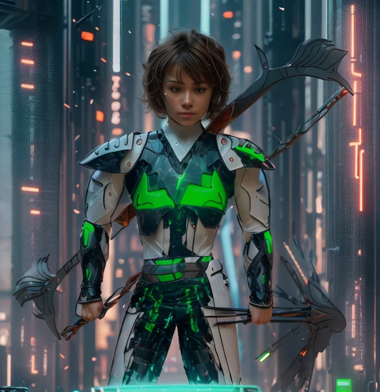 (ultra realistic,32k, masterpiece:1.2, UHD),(high detailed skin:1.1),( high quality:1.1), 1 boy, brown short hairs, brown eyes, green techno fantasy armor, cyberpunk, techno fantasy bow with energy arch,( energy arrows), caucasian race, light decourations