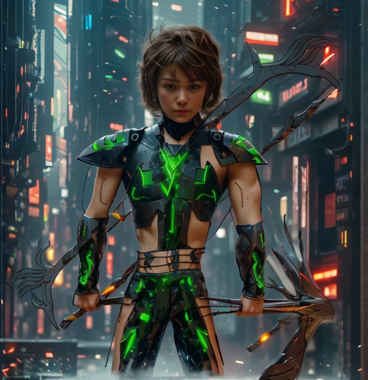 (ultra realistic,32k, masterpiece:1.2, UHD),(high detailed skin:1.1),( high quality:1.1), 1 boy, brown short hairs, brown eyes, green techno fantasy armor, cyberpunk, techno fantasy bow with energy arch,( energy arrows), caucasian race, light decourations