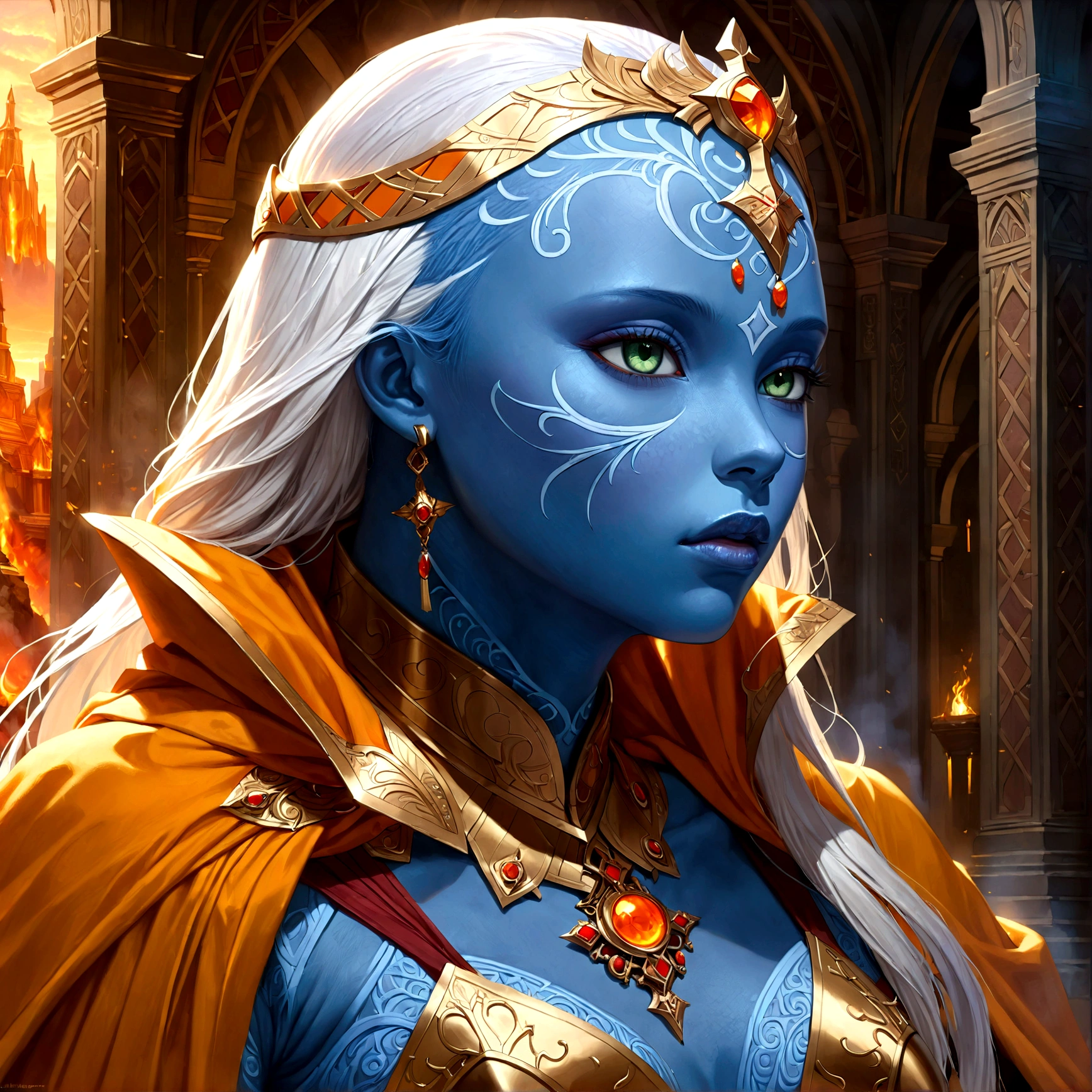 fantasy art, dnd art, RPG art, wide shot, (masterpiece: 1.4) a (portrait: 1.3) intense details, highly detailed, photorealistic, best quality, highres, portrait a female (fantasy art, Masterpiece, best quality: 1.3) ((blue skin: 1.5)), intense details facial details, exquisite beauty, (fantasy art, Masterpiece, best quality) cleric, (blue skinned: 1.3) female, white hair, long hair, (((no ears: 1.5))), (green eyes: 1.3), armed with a fiery sword red fire, wearing (twilight priestly combat vestments: 1.5), wearing high heeled laced boots, wearing an (orange cloak:1.3), wearing glowing holy symbol GlowingRunes_yellow, within fantasy temple background, reflection light, high details, best quality, 16k, [ultra detailed], masterpiece, best quality, (extremely detailed), close up, ultra wide shot, photorealistic, RAW, fantasy art, dnd art, fantasy art, realistic art,((best quality)), ((masterpiece)), (detailed), perfect face, Cinematic Hollywood Film style