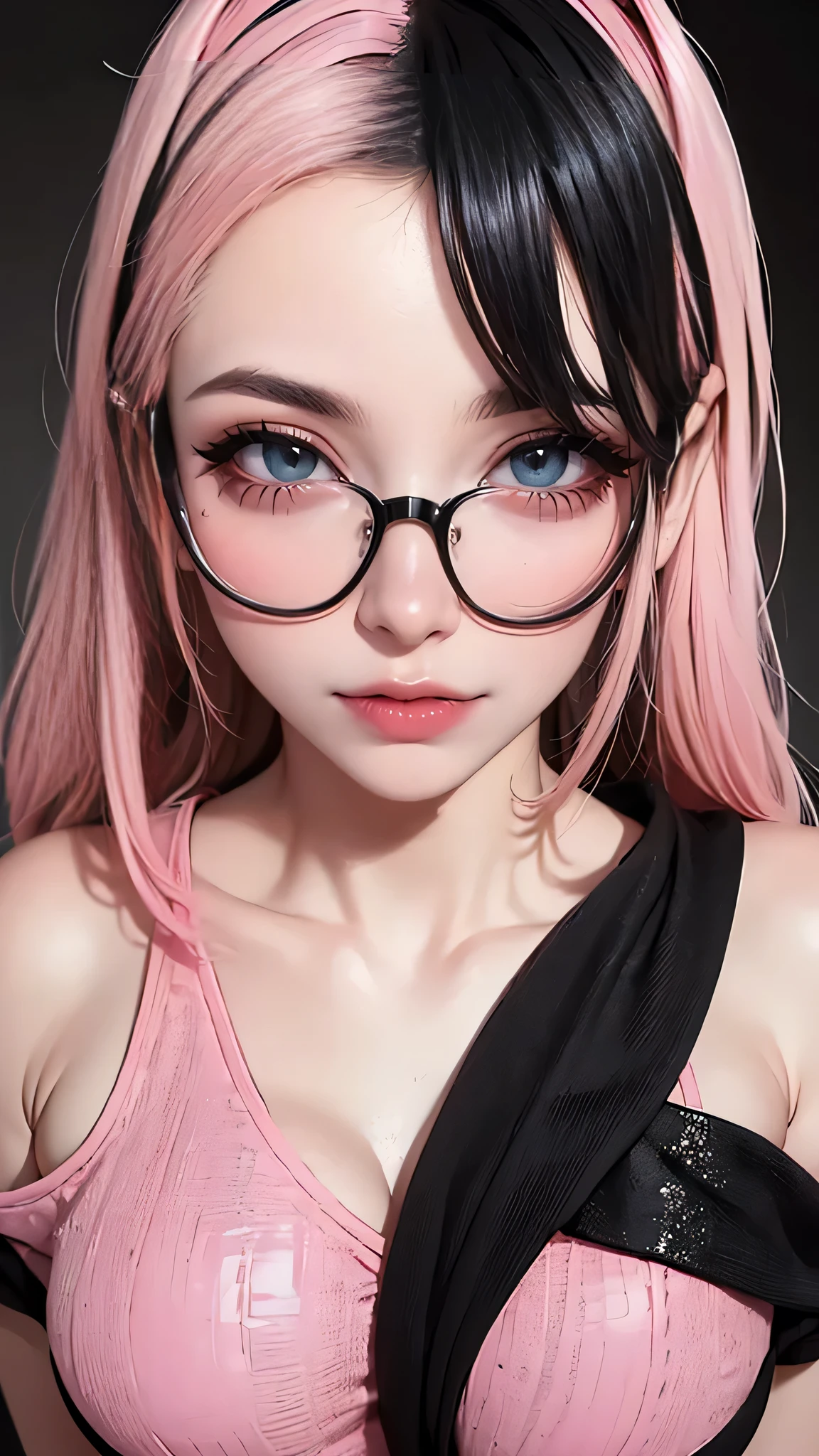 full body,(breast squeeze:1.2),(Thin type:1.5),(large breasts),(wearing glasses:1.5),(half color hair black and pink:1.5),(random hairstyle),(Highest image quality, (8K), Ultra-realistic, Best Quality, High quality, High Definition, high quality texture, high detailing, Beautiful detailed, fine detailed, extremely details CG, Detailed texture, realistic representation of face, masterpiece, presence)