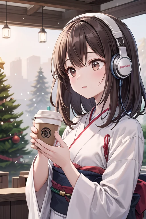 Solo Girl, 20-year-old,Medium Hair, Dark brown hair, Brown eyes, Gazing into the distance、Mid-chest, kimono、hair ornaments、headphone、listen to music、Cafe、Drink coffee、snow、Christmas tree、 highest quality, High resolution, Very detailed, Detailed Background, Perfect lighting