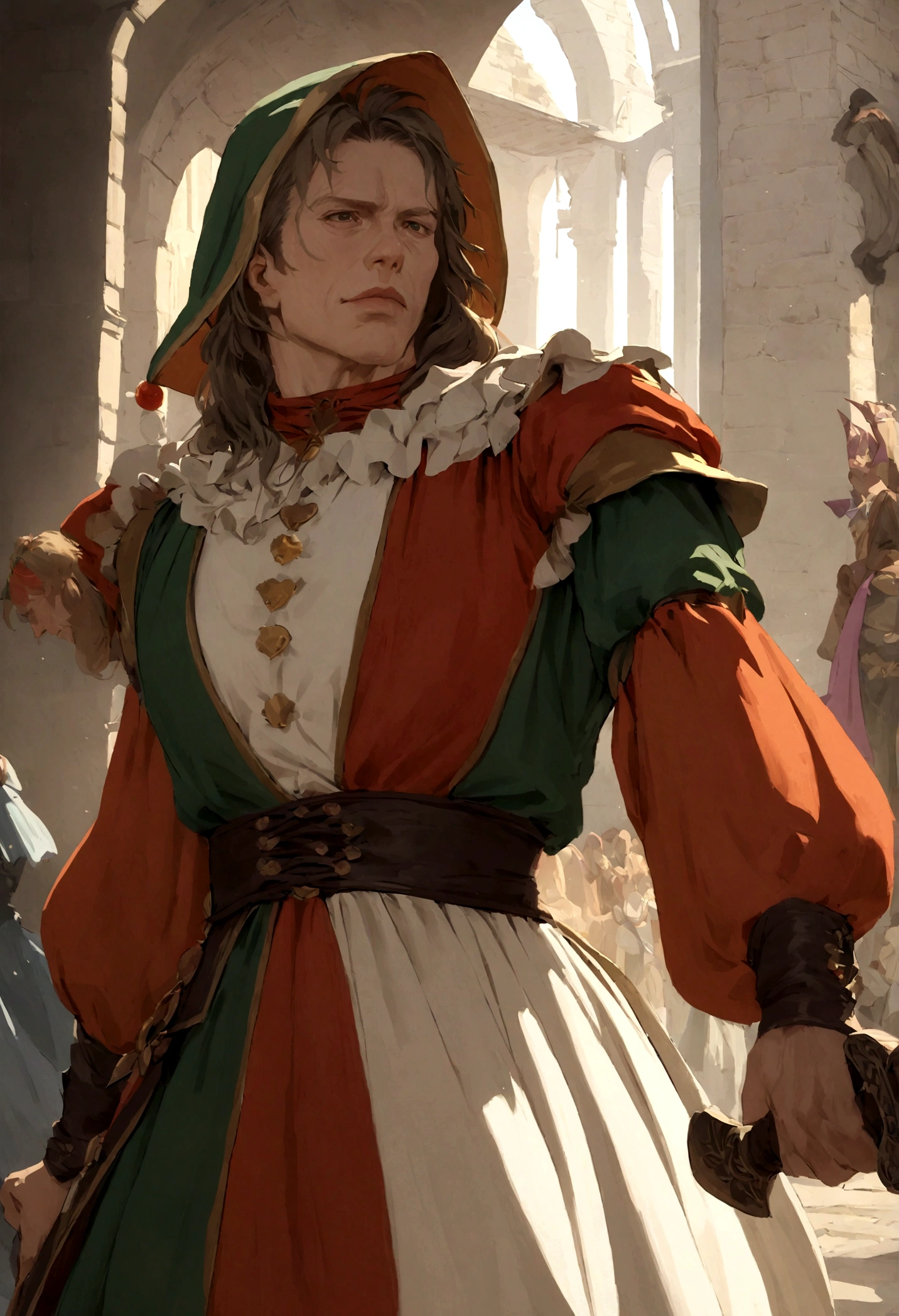 a close up of a person in a costume holding a sword, a screenshot inspired by Pál Böhm, reddit, baroque, (tom cruise!!!!!) jester costume, robert de niro as medieval joker, court jester in renaissance era, medieval jester, court jester, in the film excalibur 1 9 8 0, willem dafoe in plague knight