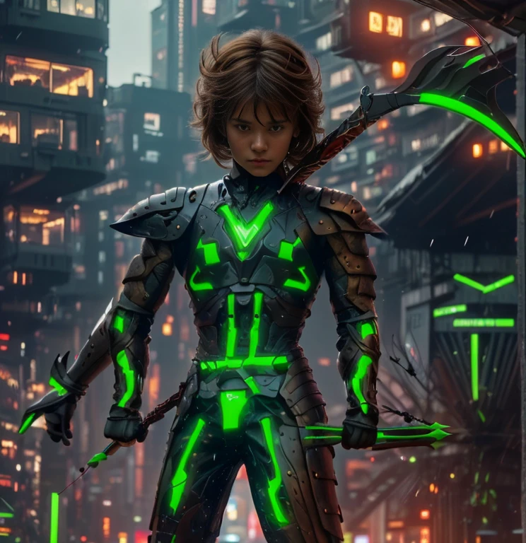 (ultra realistic,32k, masterpiece:1.2, UHD),(high detailed skin:1.1),( high quality:1.1), (1 boy), brown short hairs, brown eyes, green techno fantasy armor, cyberpunk, techno fantasy bow with energy arch,( energy arrows), caucasian race, light decourations