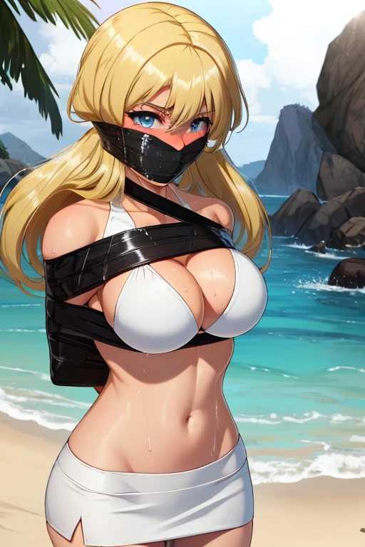 1 girl, detailed blue eyes, lange wimpern, detailed beautiful face, (very Long blonde hair:1.4), festgebunden, (arms behind back:1.6), gefesselte Arme, (blushing:1.3), (Big boobs:1.1), wrapped Tape Gag, Tape gag, Gag, gagged, (black Mini skirt, White Bikini top:1.4), standing on a beach, tied gag, nah aufnahmen, wet skin