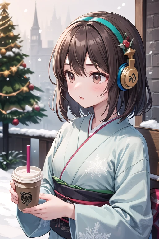 Solo Girl, 20-year-old,Medium Hair, Dark brown hair, Brown eyes, Gazing into the distance、Mid-chest, kimono、hair ornaments、headphone、listen to music、Cafe、Drink coffee、snow、Christmas tree、 highest quality, High resolution, Very detailed, Detailed Background, Perfect lighting