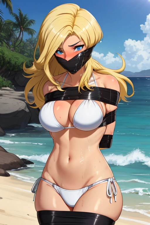 1 girl, detailed blue eyes, lange wimpern, detailed beautiful face, (very Long blonde hair:1.4), festgebunden, (arms behind back:1.6), e Arme, (blushing:1.3), (Big boobs:1.1apped Tape Gag, Tape gag, Gag, gagged, (White Mini bikini:1.4), standing on a beach, tied gag, nah aufnahmen, wet skin