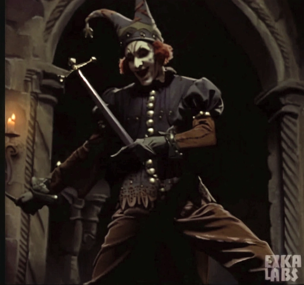 dvd screengrab, from 1982 dark fantasy film, "excalibur" Create an 80s dark fantasy scene featuring an eerie jester standing in a dimly lit medieval castle. The jester, with a sinister grin, is dressed in dark, ornate clothing adorned with intricate patterns and metallic studs. He wields a long, menacing sword, pointing it forward with a dramatic pose. His face is painted white with exaggerated, creepy makeup, and his jester hat has an ominous, twisted design. The background showcases ancient stone architecture with flickering candlelight casting eerie shadows. the image need to look a like 1980 drangons slayer film