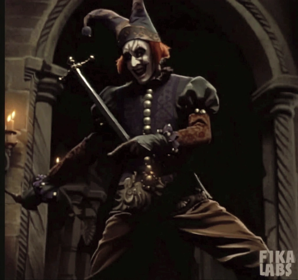 dvd screengrab, from 1982 dark fantasy film, "excalibur" Create an 80s dark fantasy scene featuring an eerie jester standing in a dimly lit medieval castle. The jester, with a sinister grin, is dressed in dark, ornate clothing adorned with intricate patterns and metallic studs. He wields a long, menacing sword, pointing it forward with a dramatic pose. His face is painted white with exaggerated, creepy makeup, and his jester hat has an ominous, twisted design. The background showcases ancient stone architecture with flickering candlelight casting eerie shadows. the image need to look a like 1980 drangons slayer film