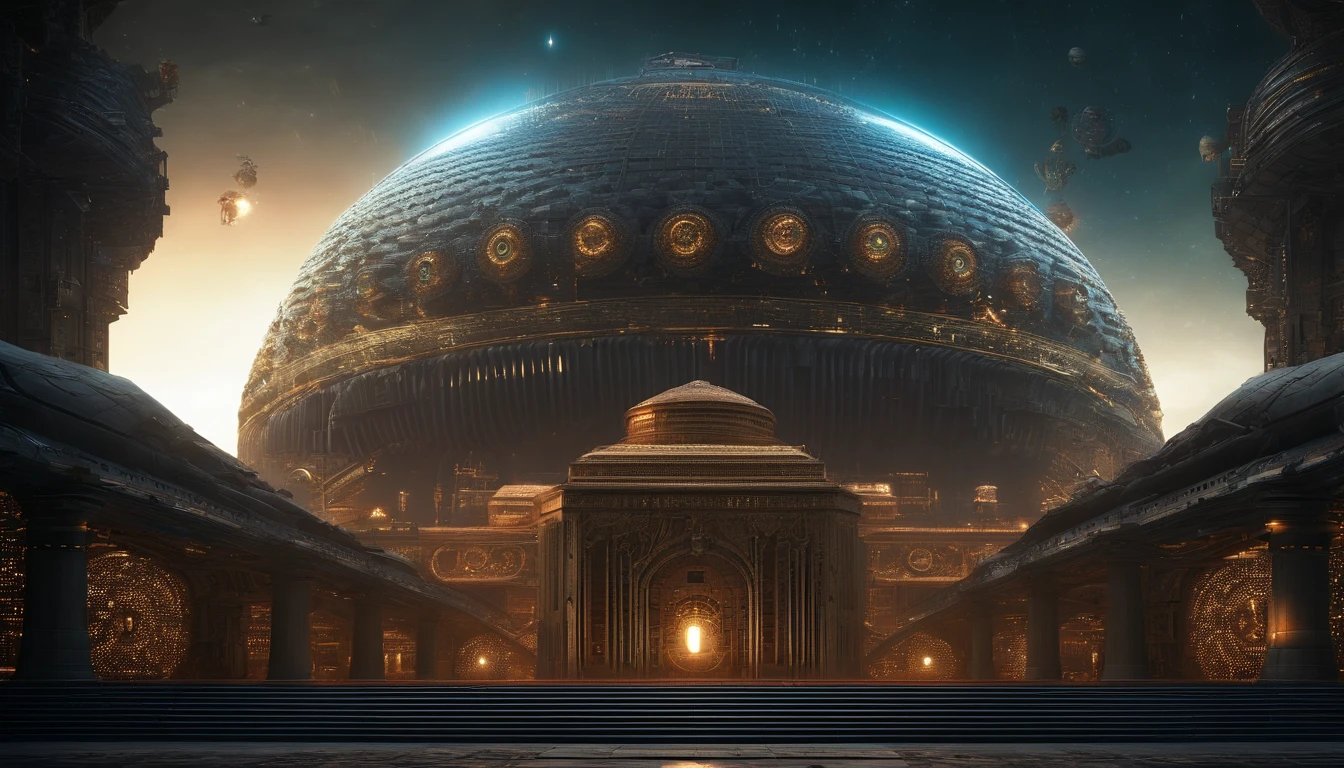 Steampunk castle 750,750,750,750,000 sq ft hybrid planet, canvas splattered with metallic gold,luminescent forest green, & red matte, melds into a Saturn-size-Earth hybrid, Larry Niven, Arthur C Clarke.The space station is massively bigger than Babylon 5, but in the shape of Deep Space 9. The space station has 6 O'Neal Class space stations off in 5 different equilateral directions, & 1 down the middle. It has its own ecosystem, generates its own power, & is located in a binary star system. There are hundreds of starships going to & fro, from the station, at any hour of the day. The station is in the center of the foreground. There are many stars, a nebula, and a comet, in the background. (((Use the following styles:conceptual art, protovision,3d render, architecture, portrait photography, cinematic, diamond crystal, alien, Leonardo Da Vinci, Arthur C. Clarke, &Larry Niven))). (((1 million HD Resolution, isometric art, insane symmetrical details)))., 3d render, cinematic, vibrant, portrait photography, architecture, conceptual artA mesmerizing cinematic portrait features an alien being with a captivating face composed of ever-changing, glowing patterns, resembling a digital display. This extraordinary being wears a stunning fusion of Byzantine emperor's regalia, medieval scholar's robe, and high-tech design elements. With multiple independently moving facial parts and luminescent spots covering their skin, the alien's otherworldly appearance is both fascinating and awe-inspiring. The scene takes place within the grandeur of the Hagia Sophia, with a backdrop of the ancient Baghdad library, where clergy, nobles, scholars, and scribes react with amazement and curiosity to the alien's polyglot abilities. This extraordinary blend of fashion, cinema, and design creates a whimsical, surreal atmosphere, resulting in a breathtaking and unforgettable visual experience., fashion, photo, cinematic