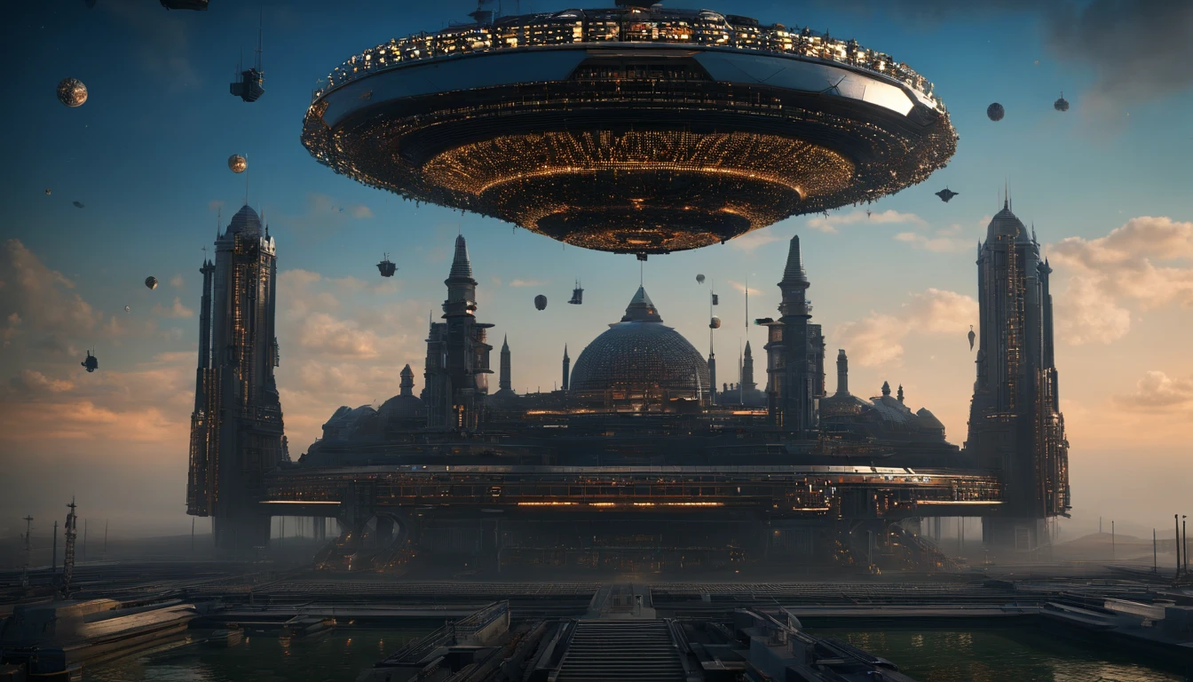 Steampunk castle 750,750,750,750,000 sq ft hybrid planet, canvas splattered with metallic gold,luminescent forest green, & red matte, melds into a Saturn-size-Earth hybrid, Larry Niven, Arthur C Clarke.The space station is massively bigger than Babylon 5, but in the shape of Deep Space 9. The space station has 6 O'Neal Class space stations off in 5 different equilateral directions, & 1 down the middle. It has its own ecosystem, generates its own power, & is located in a binary star system. There are hundreds of starships going to & fro, from the station, at any hour of the day. The station is in the center of the foreground. There are many stars, a nebula, and a comet, in the background. (((Use the following styles:conceptual art, protovision,3d render, architecture, portrait photography, cinematic, diamond crystal, alien, Leonardo Da Vinci, Arthur C. Clarke, &Larry Niven))). (((1 million HD Resolution, isometric art, insane symmetrical details)))., 3d render, cinematic, vibrant, portrait photography, architecture, conceptual artA mesmerizing cinematic portrait features an alien being with a captivating face composed of ever-changing, glowing patterns, resembling a digital display. This extraordinary being wears a stunning fusion of Byzantine emperor's regalia, medieval scholar's robe, and high-tech design elements. With multiple independently moving facial parts and luminescent spots covering their skin, the alien's otherworldly appearance is both fascinating and awe-inspiring. The scene takes place within the grandeur of the Hagia Sophia, with a backdrop of the ancient Baghdad library, where clergy, nobles, scholars, and scribes react with amazement and curiosity to the alien's polyglot abilities. This extraordinary blend of fashion, cinema, and design creates a whimsical, surreal atmosphere, resulting in a breathtaking and unforgettable visual experience., fashion, photo, cinematic