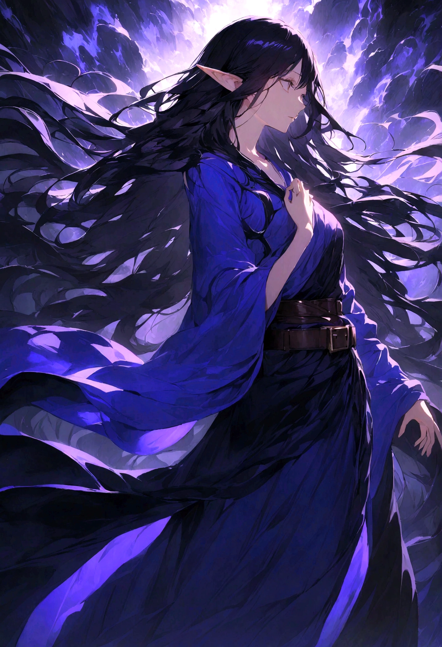 half elf, woman, really long deep raven black hair, hair in loose waves, pointed ears,flowing robes in deep shades of blue and purple, leather belt, slender,