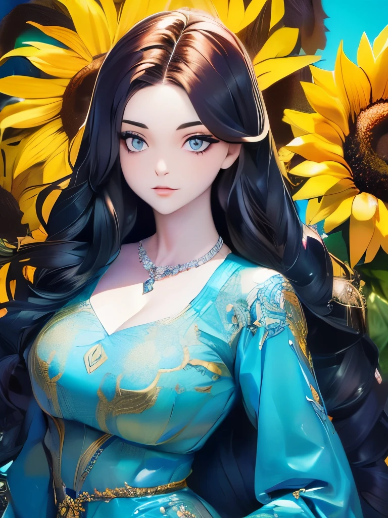 (  Absurdly , High quality , ultra detailed ) ,( hand detailed ) , 1girl, solo, mature, very long hair, sunflower hair , beautiful crystal eyes ( eye detailed ) Baroque, Necklace, long dress, long sleeve, elegant, colorful, highest detailed, upper body , with the river and sunflowers