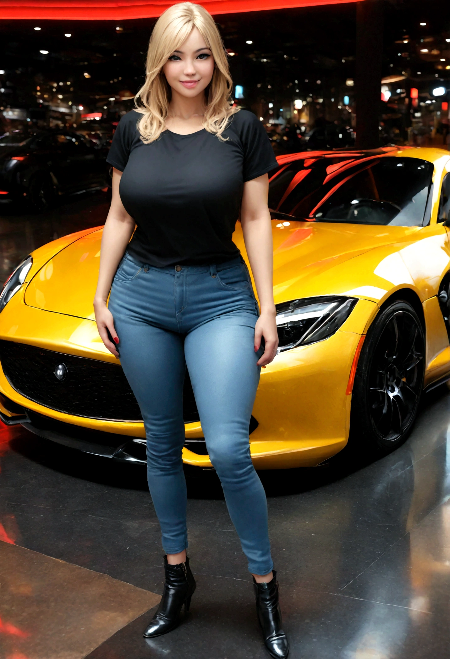 realistic image of a beautiful blonde woman, busty, voluptuous body, wearing a plain black t-shirt, denim pants and black boots, smiling, standing by her luxurious yellow sport car. red light district background, photo realism