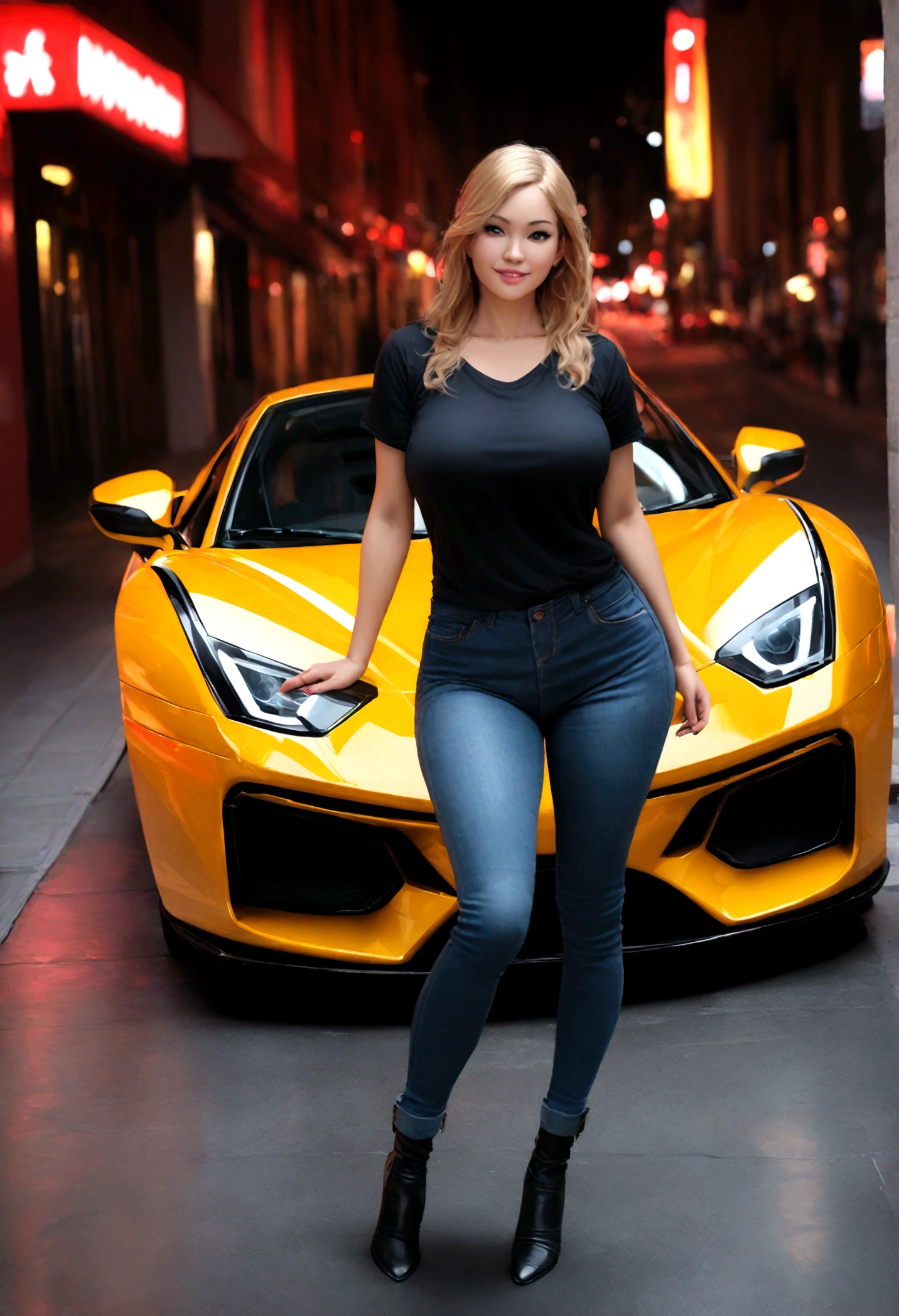 realistic image of a beautiful blonde woman, busty, voluptuous body, wearing a plain black t-shirt, denim pants and black boots, smiling, standing by her luxurious yellow sport car. red light district background, photo realism