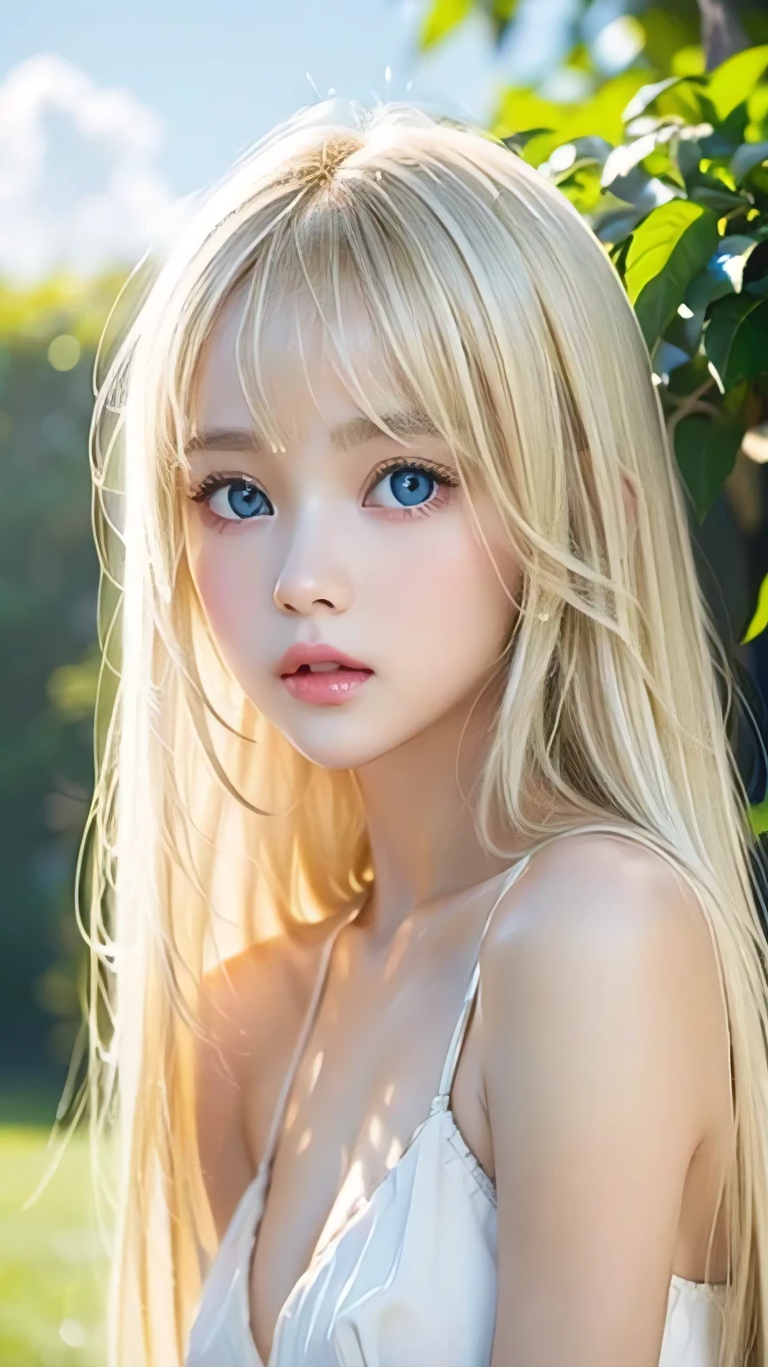 True Photo Quality、Extraordinary sexy beauty、Beautiful calm and bright expression、Sexy refreshing look、Long bangs that fall on a perfect beautiful cute face、Super long platinum blonde straight silky hair、blonde on a beautiful face、Very cute beautiful sexy young little woman、Very perfect beautiful cute face、Beautiful bright sky blue eyes、Very big eyes、Hair above the eyes、片Hair above the eyes、Hair between the eyes、Very radiant white skin、Cheek gloss