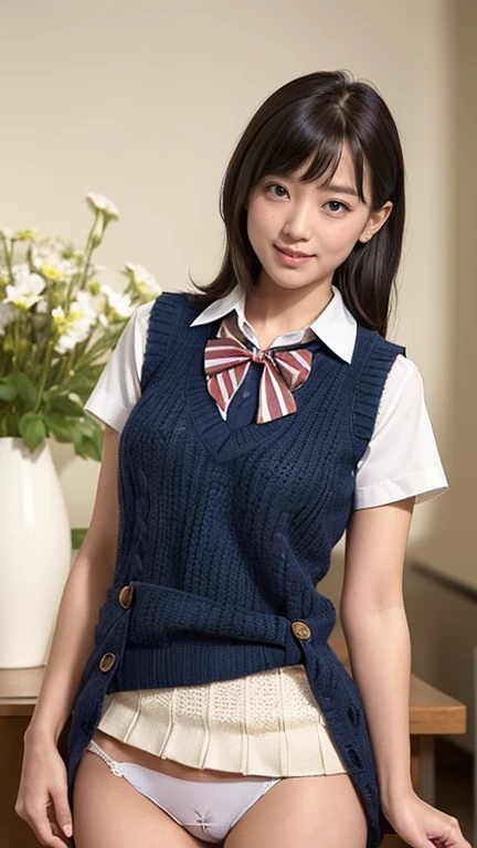 (masterpiece:1.2, highest quality), (Realistic, photoRealistic:1.4), Beautiful illustrations, (Natural Side Lighting, Cinema Lighting), Written boundary depth,
Looking at the audience, Front view, 1 girl, English, high school girl, 20-year-old, Perfect Face, Symmetrical cute face, Shiny skin, Leg spread,
(Bob Hair:1.7,blonde), Asymmetrical bangs, Big eyes, Droopy eyes, long eyelashes chest), thin,
Beautiful Hair, Beautiful Face, Beautiful and beautiful eyes, Beautiful clavicle, Beautiful body, Beautiful breasts, Beautiful thighs, Beautiful legs, Beautiful fingers,
((High-quality fabric, Brown knitted vest, Short sleeve white collar shirt, Navy Pleated Skirt, Navy bow tie)),
(Beautiful views), evening, (Inside the flower shop), Are standing, (smile, Superior, Open your mouth), (((Skirt flip, No pants, Genitals are visible))), Full Body Shot, Dark blue socks, Sexy Face, Inverted nipples,