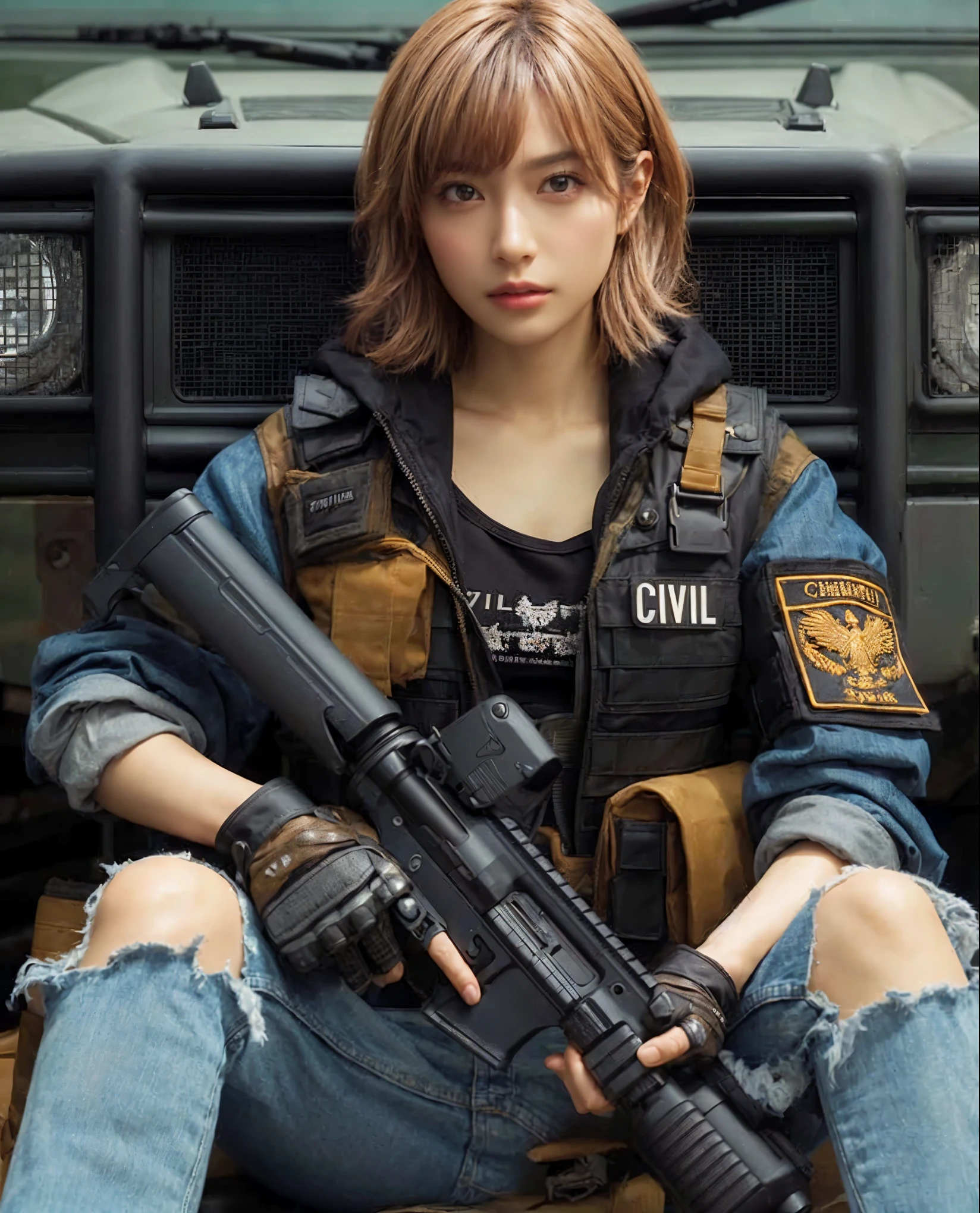 (realistic skin texture, detailed automatic rifle, High resolution, realistic:1.2), Bright colors, professional lighting, concept artist, portrait, intense shadow, Bright colors合い, exact details, Depth of the bounds written, dynamic composition, dramatic contrast, atmospheric perspective, real material, ripped jeans, tangible texture, subdued lighting, Expressive brushstrokes, realistic skin tone, complex pattern, Balanced color palette, realistic gunmetal, meticulous attention to detail, Strong and realistic shading, immersive realism, expertly rendered shadows, Crisp and sharp edges, Careful attention to lighting and shadows, ultra-realistic rendering, Amazing level of detail, A convincing three-dimensional form, exquisite chiaroscuro, Exceptional depth and dimension, enchanting atmosphere, Great craftsmanship, Rich colors and textures, Impressive photorealism, stunning composition, Perfect rendering of textures, professional quality.