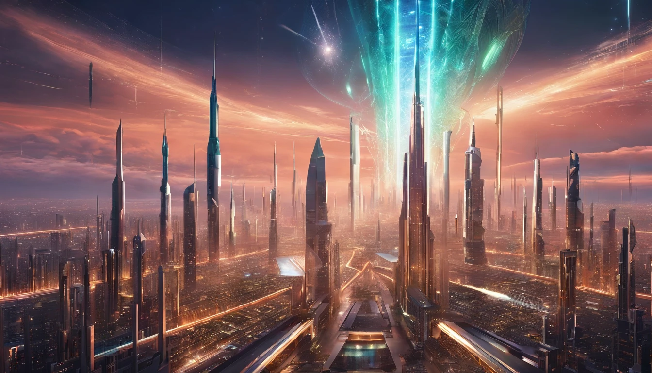 A stunning 3D render of a futuristic cityscape set in the distant reaches of space. The magnificent metropolis has a massive golden figure "🍕" woven into its design, and everything is shaped like a planet. The city is adorned with opulence, including a translucent diamond shield protecting its inhabitants from the unknown beyond. The color palette includes metallic reds, greens, and golds, evoking both Earthly terrains and interstellar oceans. Towering skyscrapers dominate the scene, with a central tower that stands out like a celestial fortress. The style and concept pay homage to the works of Larry Niven, creating a cinematic, conceptual masterpiece that showcases vibrant glass architecture and captures the essence of a thriving interstellar civilization., dark fantasy, cinematic, portrait photography, architecture, 3d render.🏫🌉🏯🕍🚧🐞☠️😈🌌.