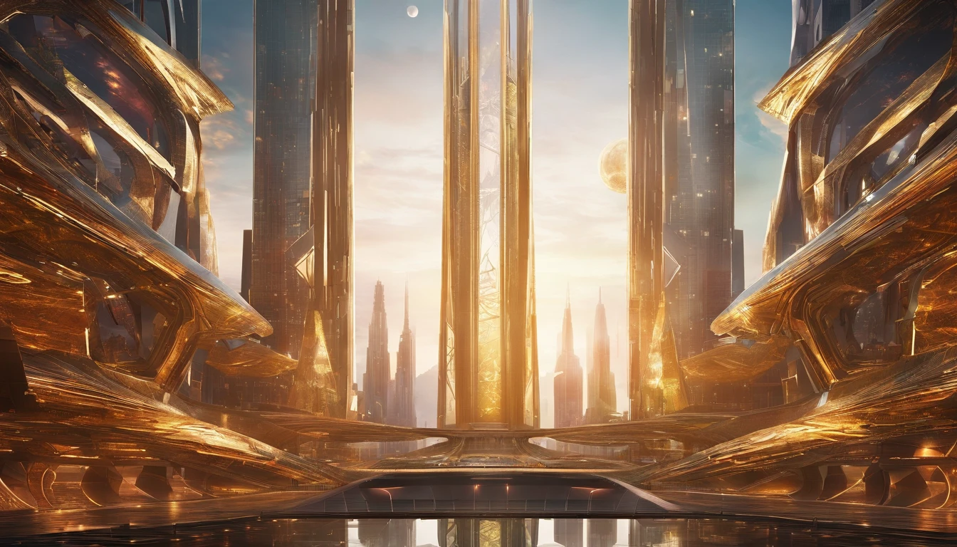 A stunning 3D render of a futuristic cityscape set in the distant reaches of space. The magnificent metropolis has a massive golden figure "🍕" woven into its design, and everything is shaped like a planet. The city is adorned with opulence, including a translucent diamond shield protecting its inhabitants from the unknown beyond. The color palette includes metallic reds, greens, and golds, evoking both Earthly terrains and interstellar oceans. Towering skyscrapers dominate the scene, with a central tower that stands out like a celestial fortress. The style and concept pay homage to the works of Larry Niven, creating a cinematic, conceptual masterpiece that showcases vibrant glass architecture and captures the essence of a thriving interstellar civilization., dark fantasy, cinematic, portrait photography, architecture,  3d render.🏫🌉🏯🕍🚧🐞☠️😈🌌.