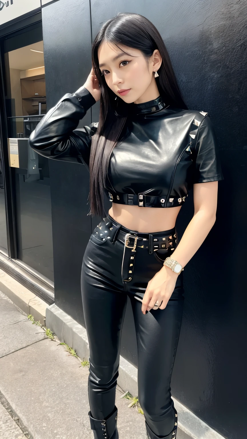 Japanese、30 years old、A randomly generated person with diverse facial features hairstyle、Perfect Anatomy,All Black Edge、leather crop top、high waist black jeans、Stud Boots、Spike Accessories、Clutch bags