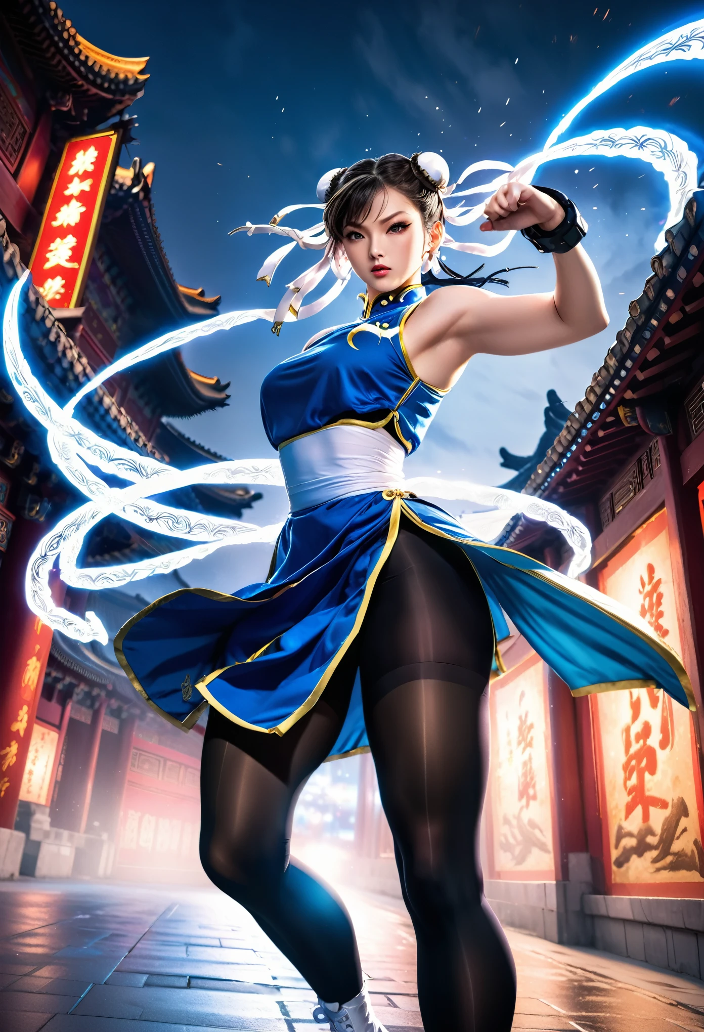 an Asian woman Chun-Li in fighting stance, ready for battle, night scene, warm lighting, standing, white skin, neon lights, shadows, stunning artwork, blue skirt with two side slits over tights faded black to the waist, ((faded black tights to the waist)), white knee-high boots with white laces tied to the top, blue skirt with two side slits with gold details, in the background the forbidden city of China, ((Thick and strong legs)), ((muscular legs)), ((very strong legs))