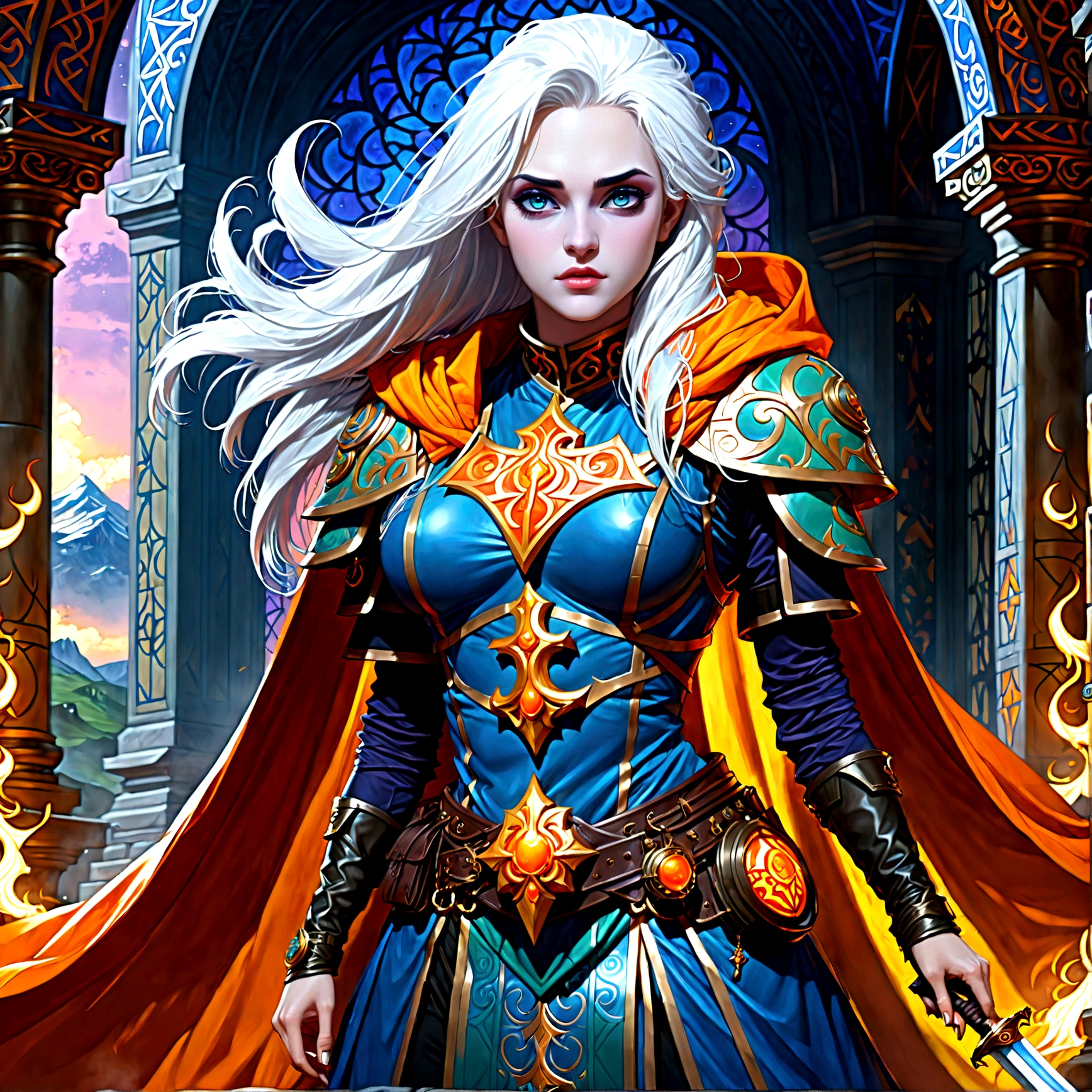 fantasy art, dnd art, RPG art, wide shot, (masterpiece: 1.4) a (portrait: 1.3) intense details, highly detailed, photorealistic, best quality, highres, portrait a female (fantasy art, Masterpiece, best quality: 1.3) ((blue skin: 1.5)), intense details facial details, exquisite beauty, (fantasy art, Masterpiece, best quality) cleric, ((blue skin: 1.5)) female, ((white hair: 1.5)), long hair, (((no ears: 1.5))), (green eyes: 1.3), armed with a fiery sword red fire, wearing (twilight priestly combat vestments: 1.5), wearing high heeled laced boots, wearing an (orange cloak:1.3), wearing glowing holy symbol GlowingRunes_yellow, within fantasy temple background, reflection light, high details, best quality, 16k, [ultra detailed], masterpiece, best quality, (extremely detailed), close up, ultra wide shot, photorealistic, RAW, fantasy art, dnd art, fantasy art, realistic art,((best quality)), ((masterpiece)), (detailed), perfect face, Cinematic Hollywood Film style