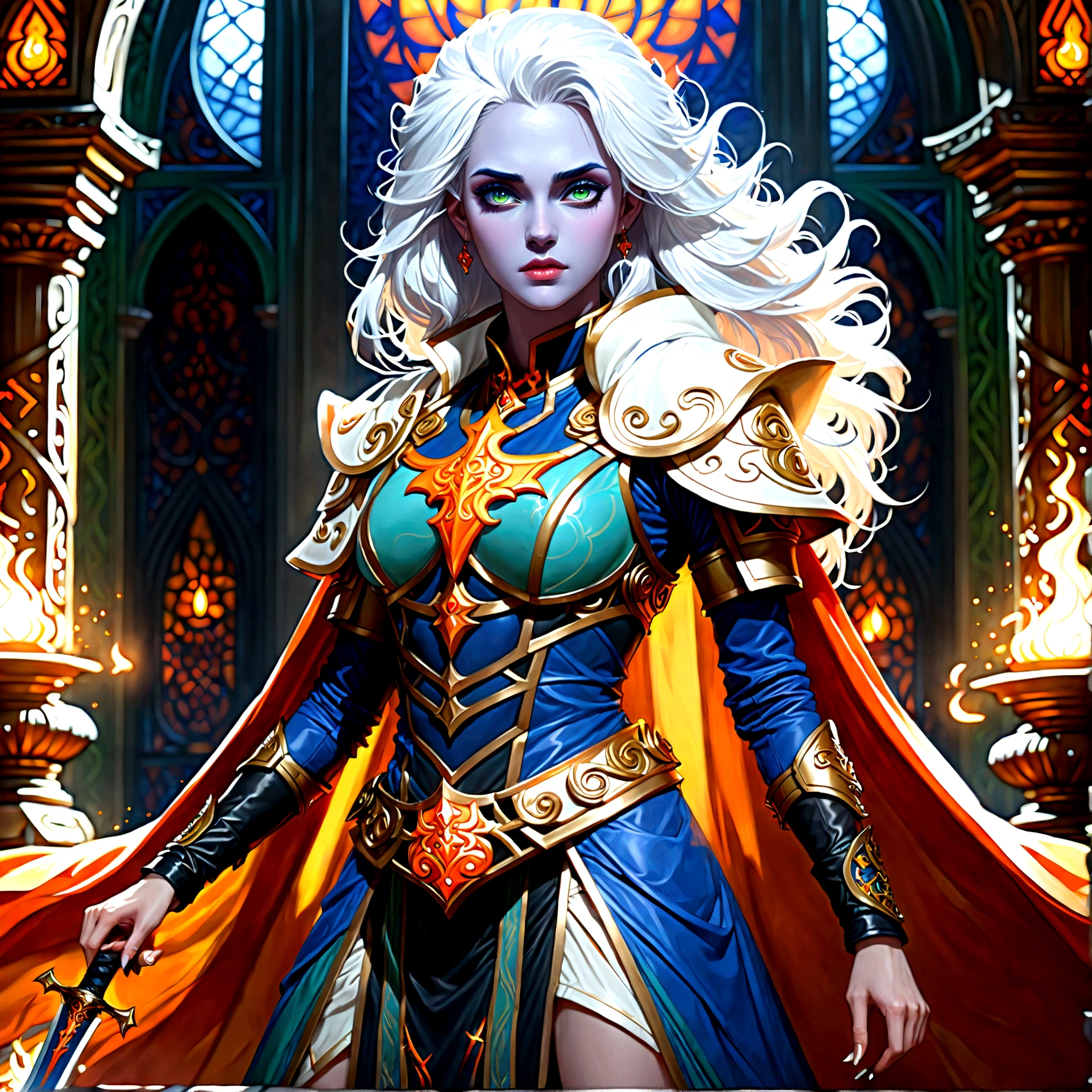 fantasy art, dnd art, RPG art, wide shot, (masterpiece: 1.4) a (portrait: 1.3) intense details, highly detailed, photorealistic, best quality, highres, portrait a female (fantasy art, Masterpiece, best quality: 1.3) ((blue skin: 1.5)), intense details facial details, exquisite beauty, (fantasy art, Masterpiece, best quality) cleric, ((blue skin: 1.5)) female, ((white hair: 1.5)), long hair, (((no ears: 1.5))), (green eyes: 1.3), armed with a fiery sword red fire, wearing (twilight priestly combat vestments: 1.5), wearing high heeled laced boots, wearing an (orange cloak:1.3), wearing glowing holy symbol GlowingRunes_yellow, within fantasy temple background, reflection light, high details, best quality, 16k, [ultra detailed], masterpiece, best quality, (extremely detailed), close up, ultra wide shot, photorealistic, RAW, fantasy art, dnd art, fantasy art, realistic art,((best quality)), ((masterpiece)), (detailed), perfect face, Cinematic Hollywood Film style