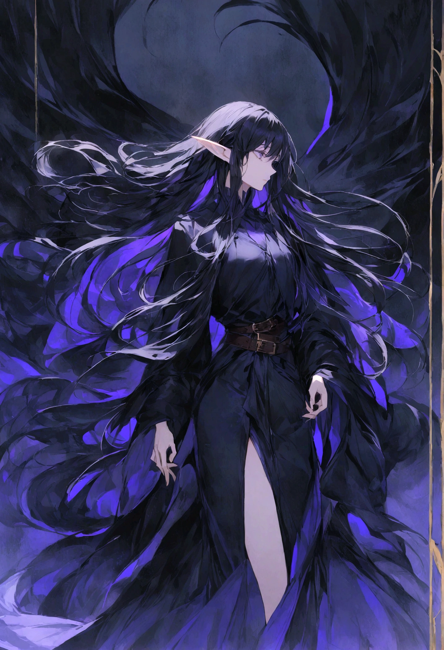 half elf, woman, really long deep raven black hair, hair in loose waves, pointed ears,flowing robes in deep shades of blue and purple, leather belt, slender, young