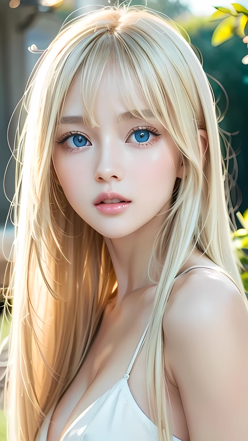True Photo Quality、Extraordinary sexy beauty、Beautiful calm and bright expression、Sexy refreshing look、Long bangs that fall on a perfect beautiful cute face、Super long platinum blonde straight silky hair、blonde on a beautiful face、Very cute beautiful sexy young little woman、Very perfect beautiful cute face、Beautiful bright sky blue eyes、Very big eyes、Hair above the eyes、片Hair above the eyes、Hair between the eyes、Very radiant white skin、Cheek gloss