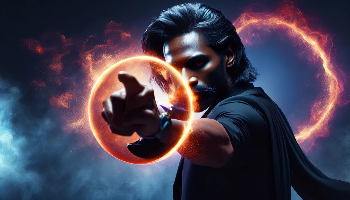 Tall black man with a beard wearing a black suit with a red tie, he has long straight purple hair, his hair is in front of his face, he has broken black glasses.

He is pointing his finger at a giant blue sphere of fire
