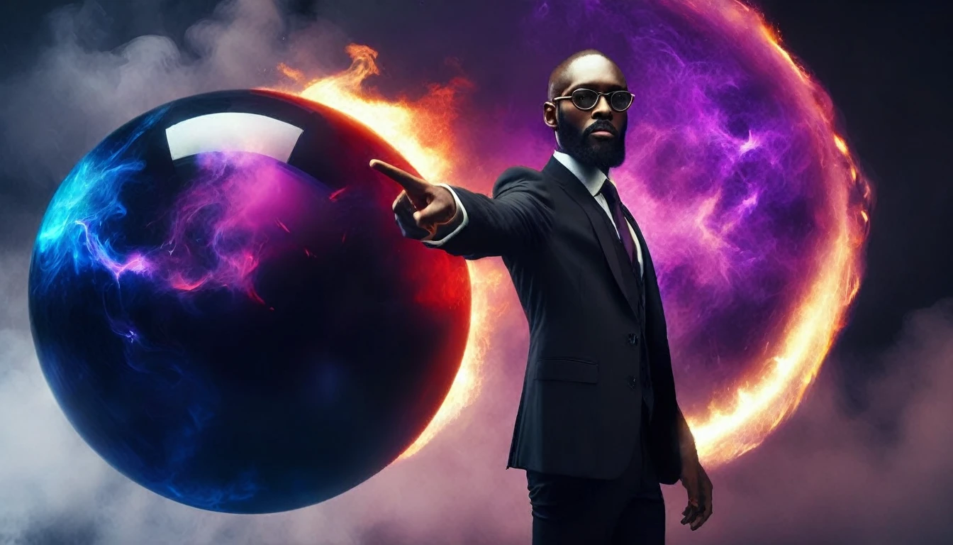 Tall black man with a beard wearing a black suit with a red tie, he has long straight purple hair, his hair is in front of his face, he has broken black glasses.
He is pointing his finger at a giant blue sphere of fire