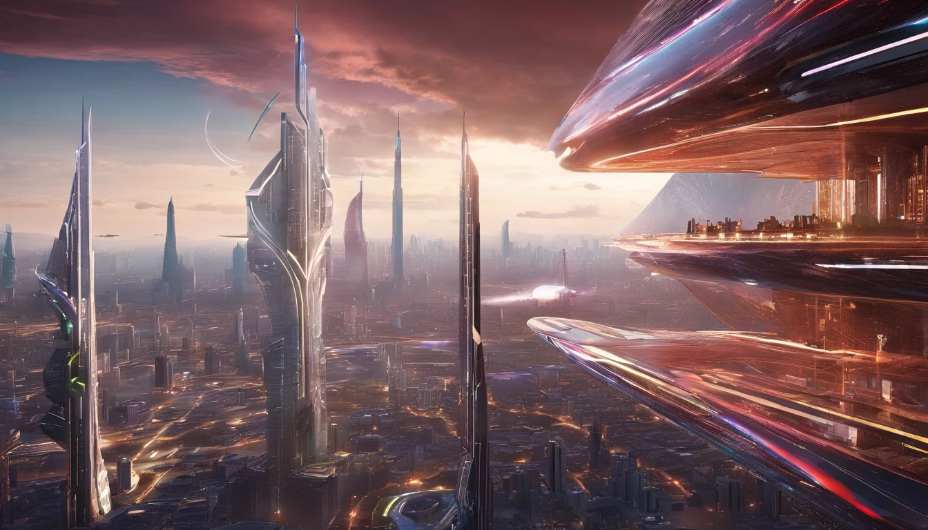 A stunning 3D render of a futuristic cityscape set in the distant reaches of space. The magnificent metropolis has a massive golden figure "⚡🏎️🚀🛬" woven into its design, and everything is shaped like a planet. The city is adorned with opulence, including a translucent diamond shield protecting its inhabitants from the unknown beyond. The color palette includes metallic reds, greens, and golds, evoking both Earthly terrains and interstellar oceans. Towering skyscrapers dominate the scene, with a central tower that stands out like a celestial fortress. The style and concept pay homage to the works of Larry Niven, creating a cinematic, conceptual masterpiece that showcases vibrant glass architecture and captures the essence of a thriving interstellar civilization., dark fantasy, cinematic, portrait photography, architecture, 3d render.🏫🌉🏯🕍🚧🐞☠️😈🌌.