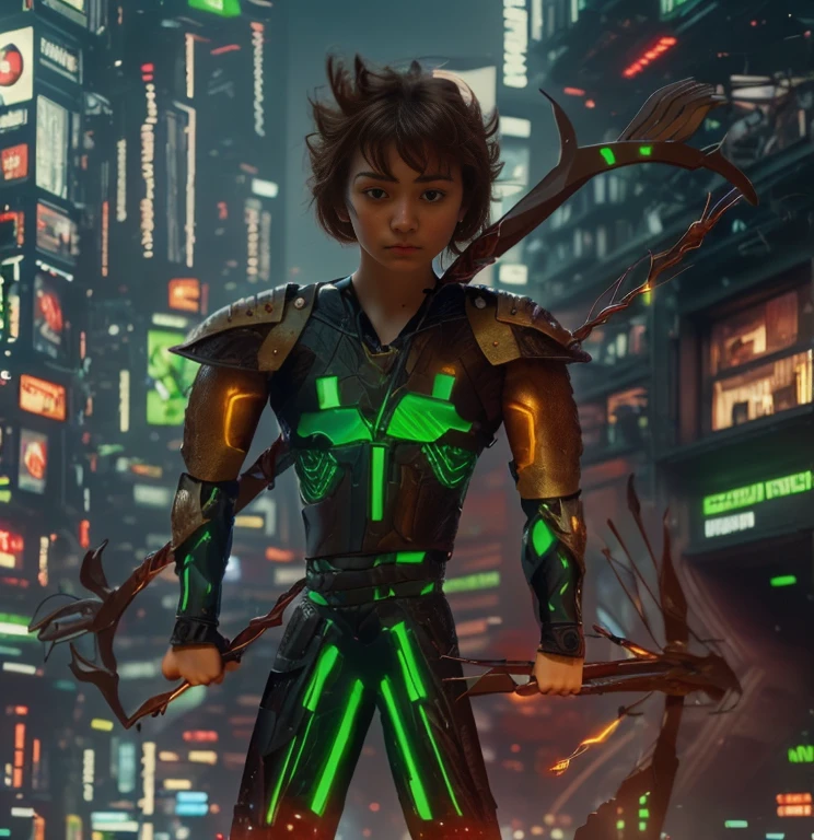 (ultra realistic,32k, masterpiece:1.2, UHD),(high detailed skin:1.1),( high quality:1.1), 1 boy, brown short hairs, brown eyes, green techno fantasy armor, cyberpunk, techno fantasy bow with (energy arch),((energy arrows)), caucasian race, light decourations