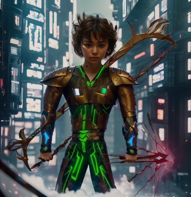 (ultra realistic,32k, masterpiece:1.2, UHD),(high detailed skin:1.1),( high quality:1.1), 1 boy, brown short hairs, brown eyes, green techno fantasy armor, cyberpunk, techno fantasy bow with (energy arch),((energy arrows)), caucasian race, light decourations