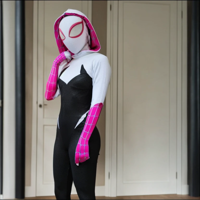 SpiderGwen, 1 girl, mask, alone, looking at viewer, pov, spiderman, costume