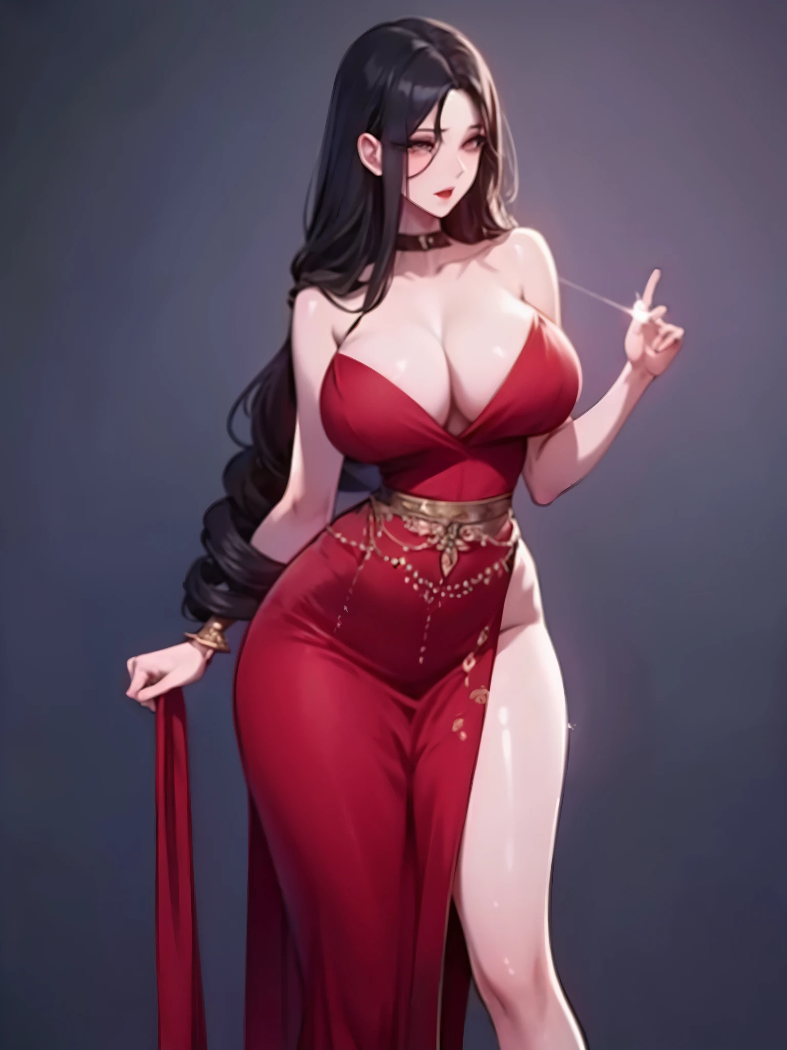 "A stunning Asian woman with an oval-shaped face, sharp and seductive dark eyes, and full red lips. She has very fair. smooth skin with a slight glow. Her long, wavy black hair cascades down naturally. Her body is slim with pronounced curves. She is wearing a stylish red dress that highlights her large cleavage and has a high slit. She strikes a confident and elegant pose, with inviting eyes. She might be wearing high heels and small accessories that add a touch of elegance and sophistication."