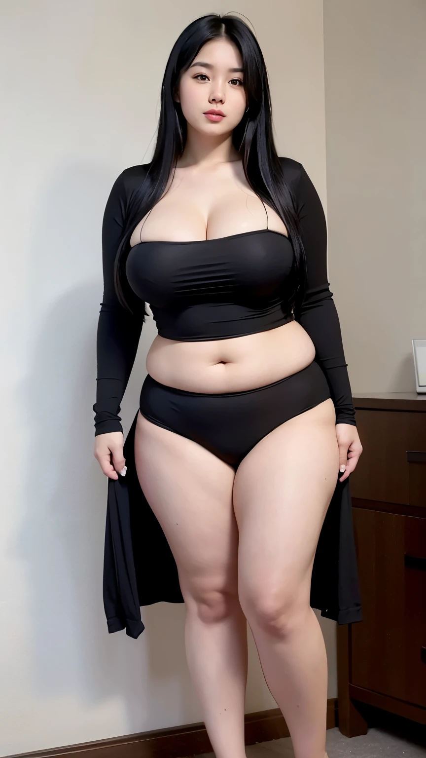 Chubby 20 year old woman with beautiful body and long straight black hair, en ropa interior bikinis blancos con negro, looking front on full body with big buttocks and big breasts