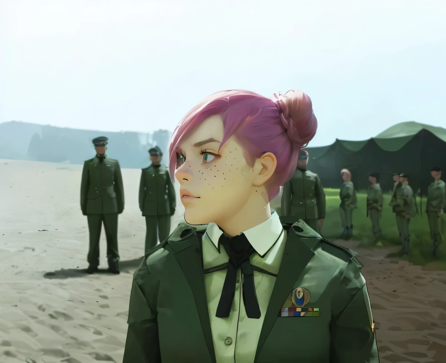 A high-resolution, detailed image depicting a young woman with a determined and thoughtful expression. She has short, bright pink hair tied up in a bun, and her face is adorned with light freckles. Her eyes, wide and attentive, are looking off to the side, suggesting she is observing something important or contemplating deeply. Her lips are slightly parted, adding to the sense of focus and intensity in her gaze.
She is dressed in a military uniform, which includes a dark green blazer adorned with various medals and insignias, indicating her rank and achievements. Underneath, she wears a light-colored shirt with a black tie. The blazer has a distinctive emblem on the left side of her chest, symbolizing her allegiance.
In the background, a group of uniformed soldiers stands in formation, their faces indistinct but suggesting a sense of discipline and order. The setting appears to be an outdoor military training ground or base, with sandy terrain and large, tent-like structures in the distance. The sky is clear, and the overall atmosphere is one of readiness and anticipation.
The lighting is natural, illuminating her face and highlighting the details of her hair and uniform. The colors are vivid, with the pink of her hair standing out against the more muted greens and browns of the surroundings