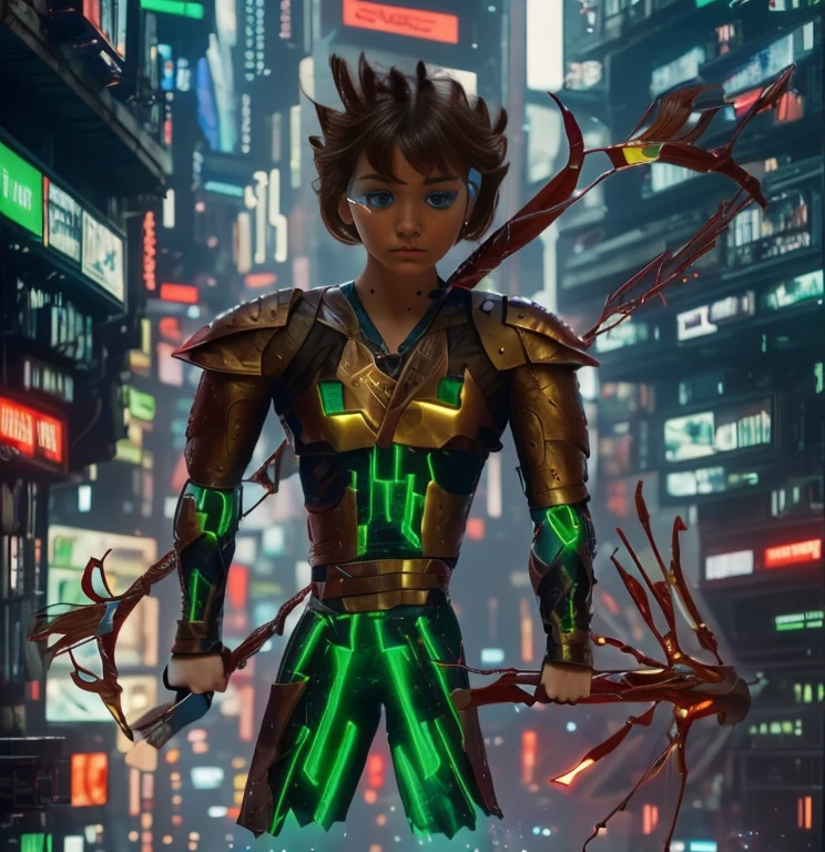 (ultra realistic,32k, masterpiece:1.2, UHD),(high detailed skin:1.1),( high quality:1.1), 1 boy, brown short hairs, brown eyes, green techno fantasy armor, cyberpunk, techno fantasy bow with (energy arch),((energy arrows)), caucasian race, light decourations