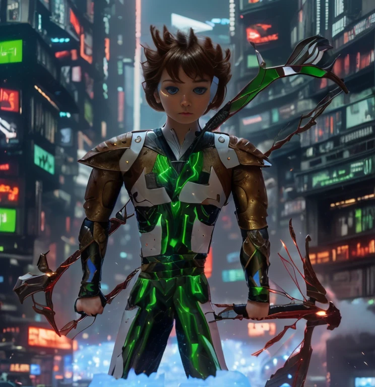 (ultra realistic,32k, masterpiece:1.2, UHD),(high detailed skin:1.1),( high quality:1.1), 1 boy, brown short hairs, brown eyes, green techno fantasy armor, cyberpunk, techno fantasy bow with (energy arch),((energy arrows)), caucasian race, light decourations